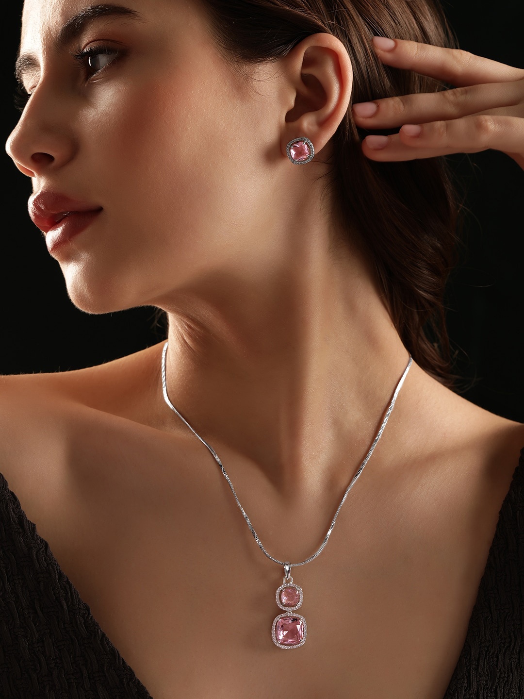 

Rubans Silver-Plated Cubic Zirconia-Studded Pendant Jewellery Set