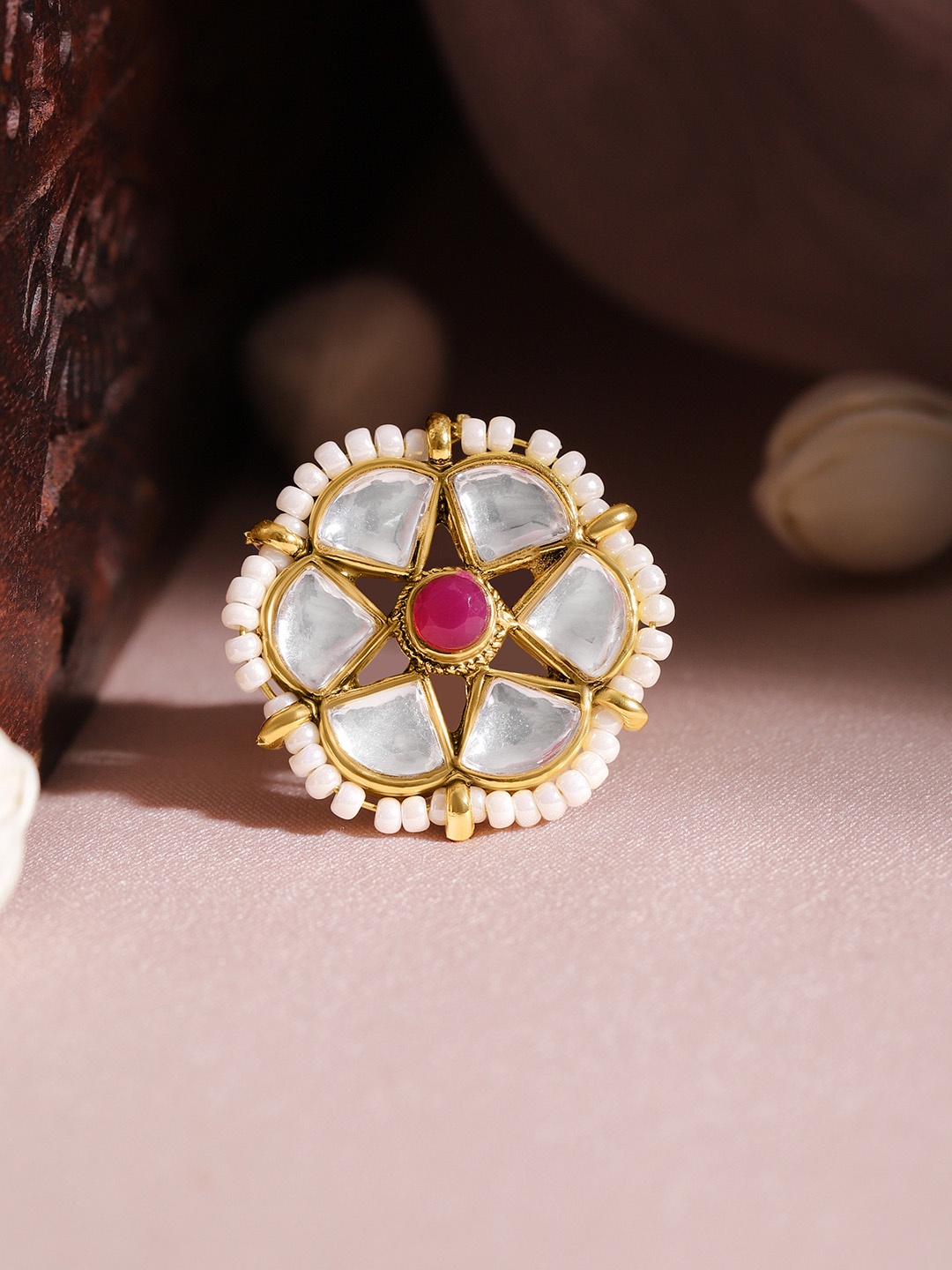 

Rubans 22K Gold Plated Kundan Studded Pearl Beaded Floral Motif Adjustable Finger Ring