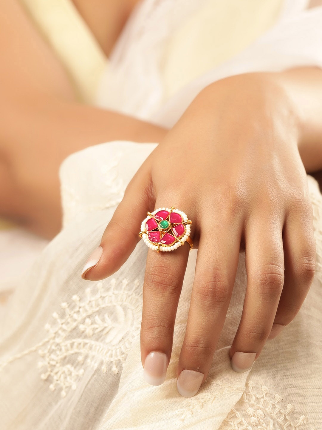 

Rubans 22K Gold Plated Kemp Studded Pearl Beaded Floral Motif Adjustable Finger Ring