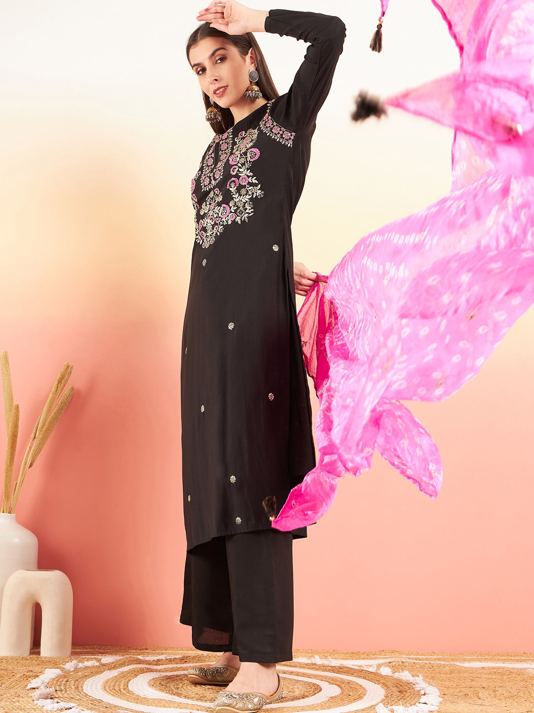 

Sangria Floral Embroidered Thread Work Kurta With Palazzos & Dupatta, Black