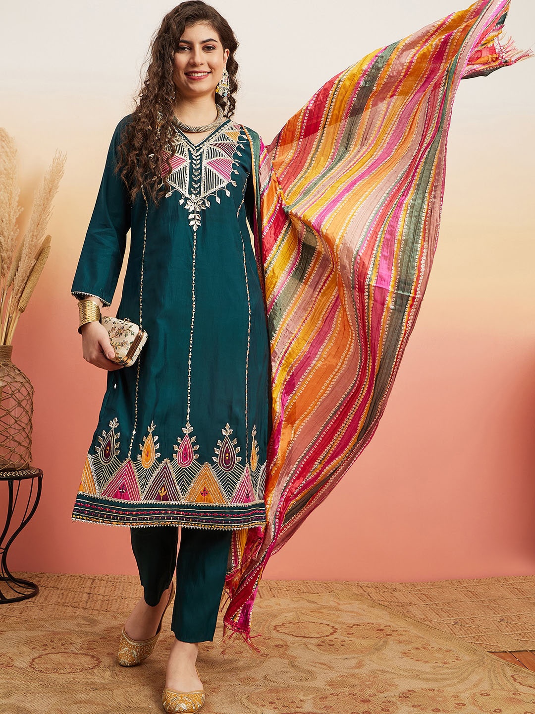 

Sangria Ethnic Motifs Embroidered Gotta Patti Straight Kurta With Trouser & Dupatta, Teal
