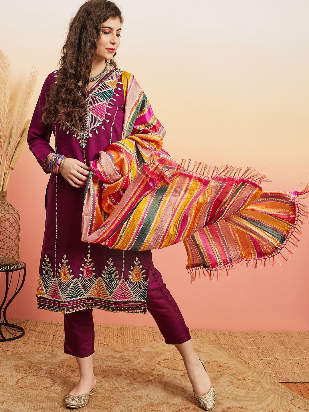 

Sangria Burgundy Ethnic Motifs Embroidered Gotta Patti Kurta With Trouser & Dupatta
