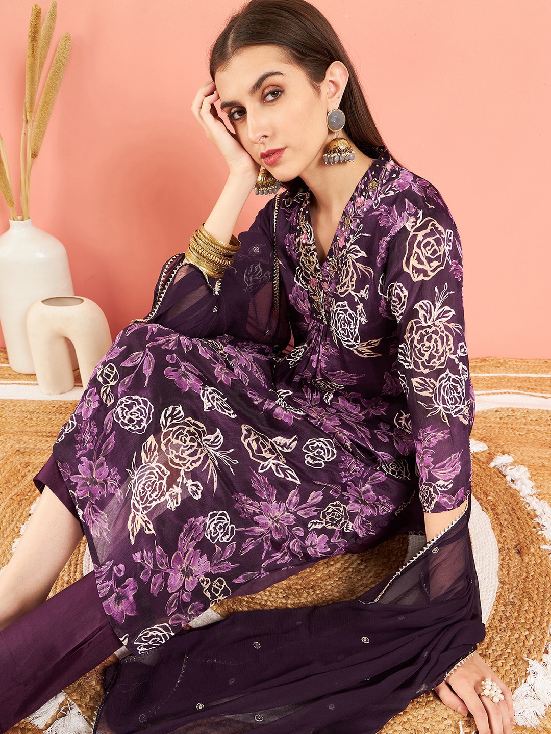 

Sangria Burgundy Floral Printed Sequinned A-Line Kurta With Trouser & Dupatta