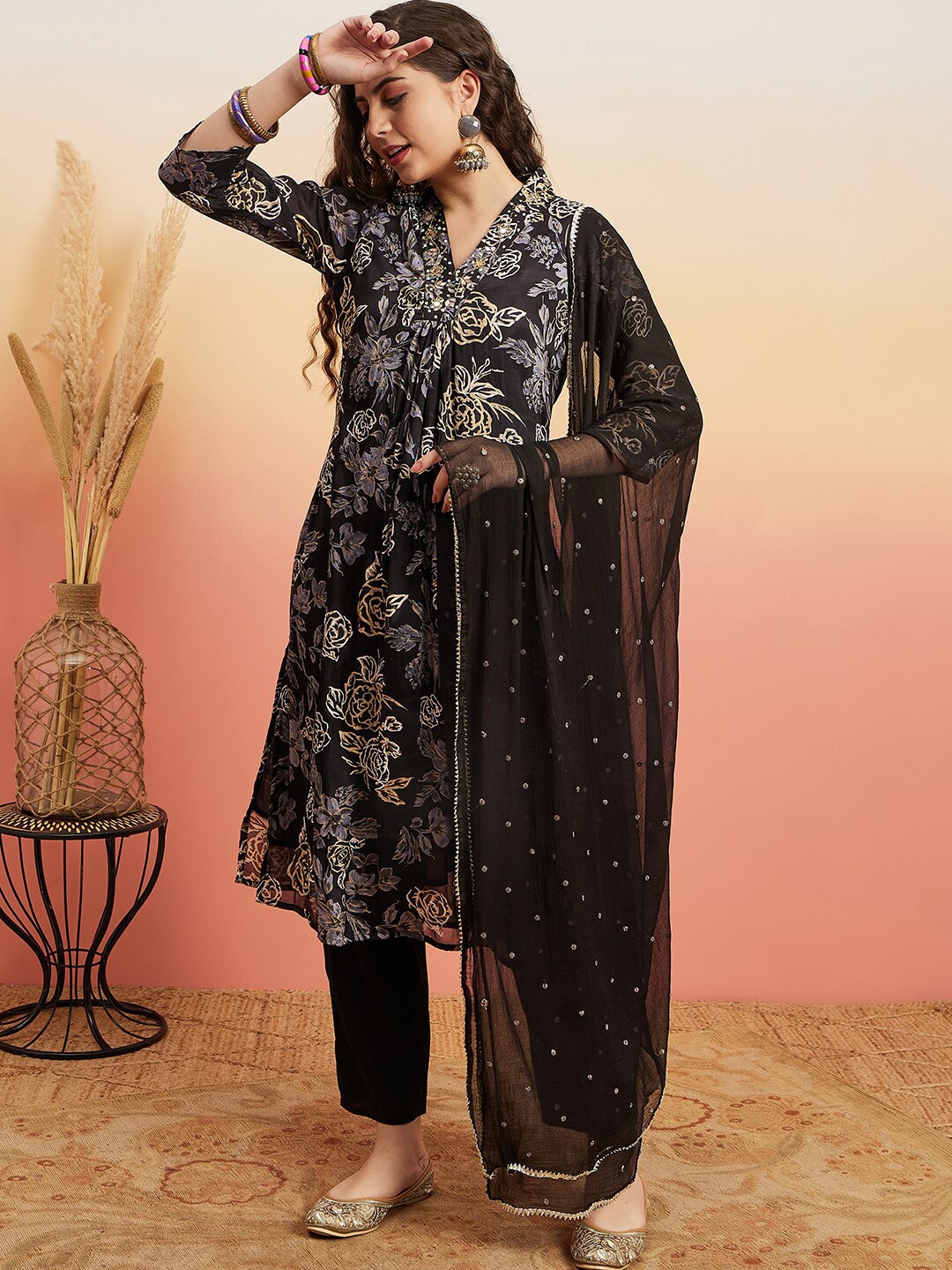 

Sangria Floral Printed Mirror Work Straight Kurta With Trouser & Dupatta, Black