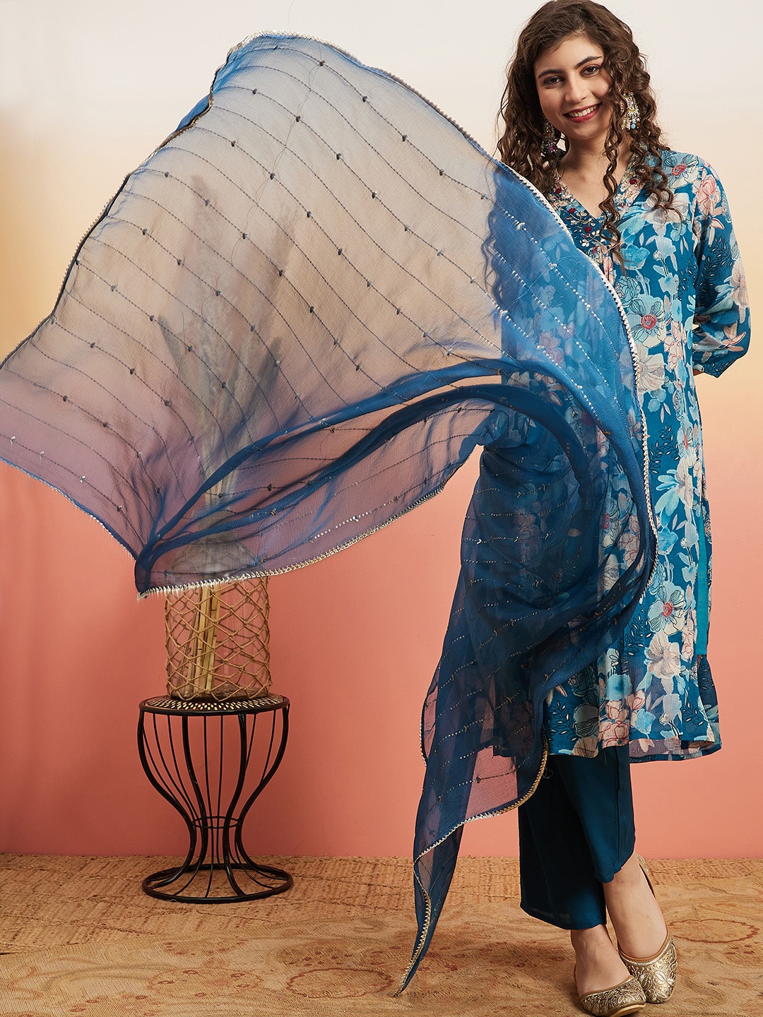 

Sangria Teal Blue Floral Printed Sequinned A-Line Kurta With Trouser & Dupatta