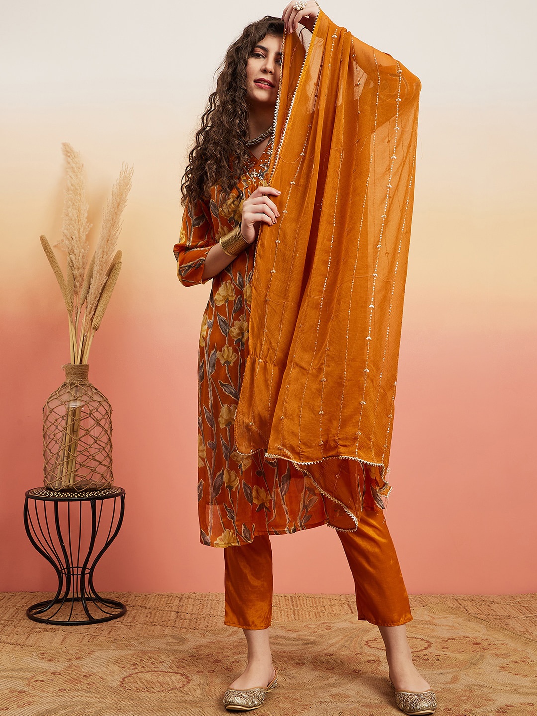 

Sangria Floral Printed Mirror Work Straight Kurta With Trouser & Dupatta, Mustard