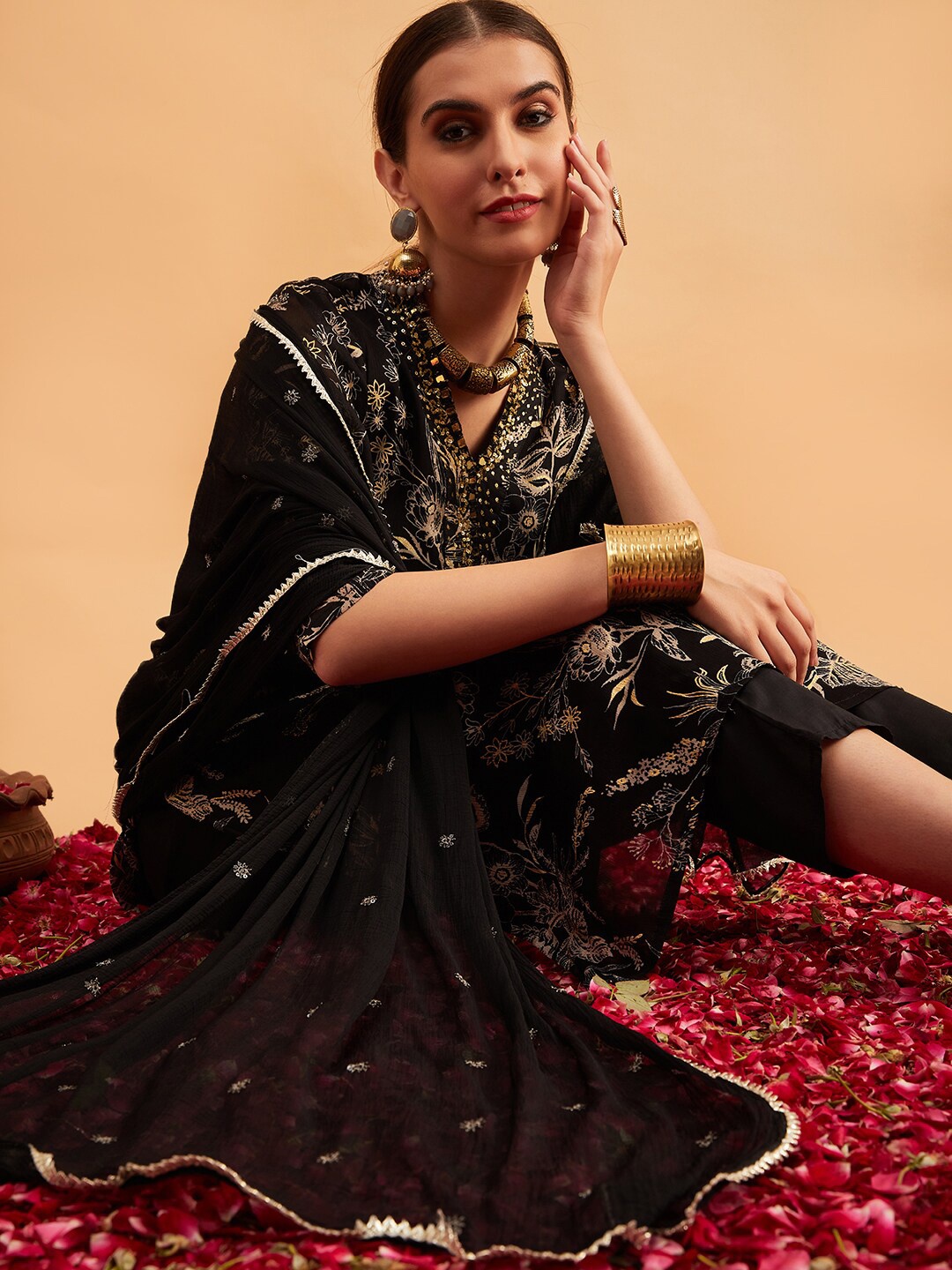 

Sangria Black Floral Printed Mirror Work A-Line Kurta With Trouser & Dupatta
