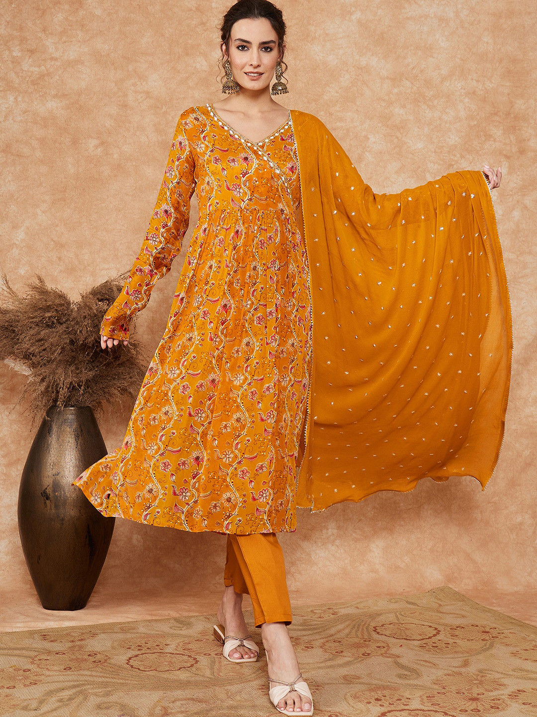 

Sangria Yellow Floral Printed Sequined Angrakha Anarkali Kurta & Trouser With Dupatta