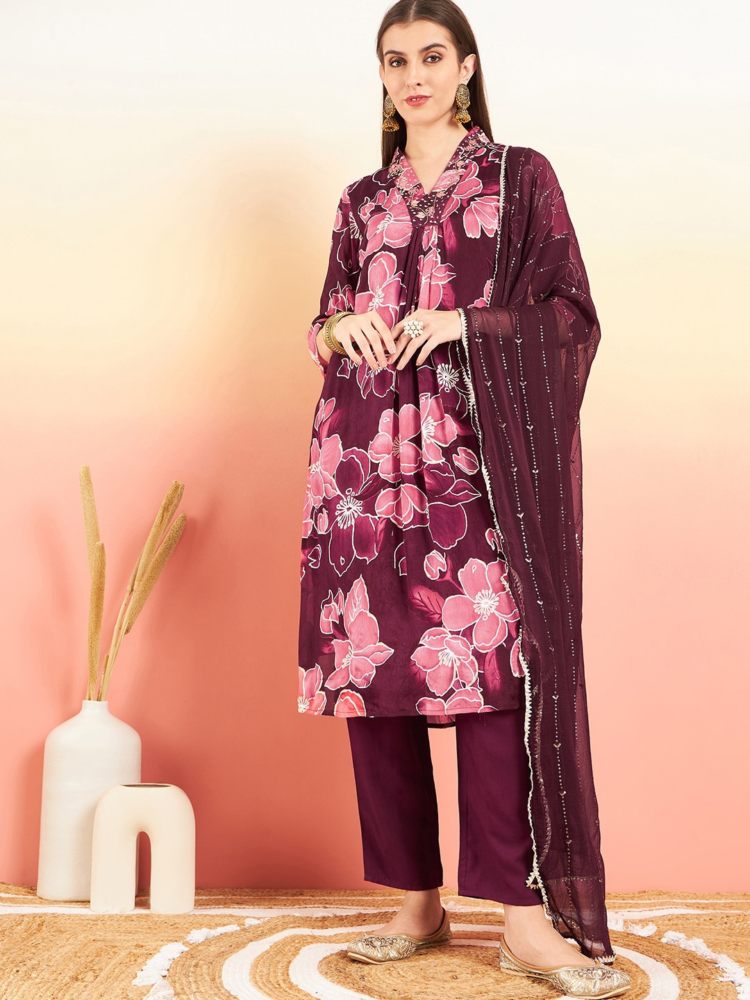 

Sangria Maroon Floral Printed Sequinned A-Line Kurta With Trouser & Dupatta