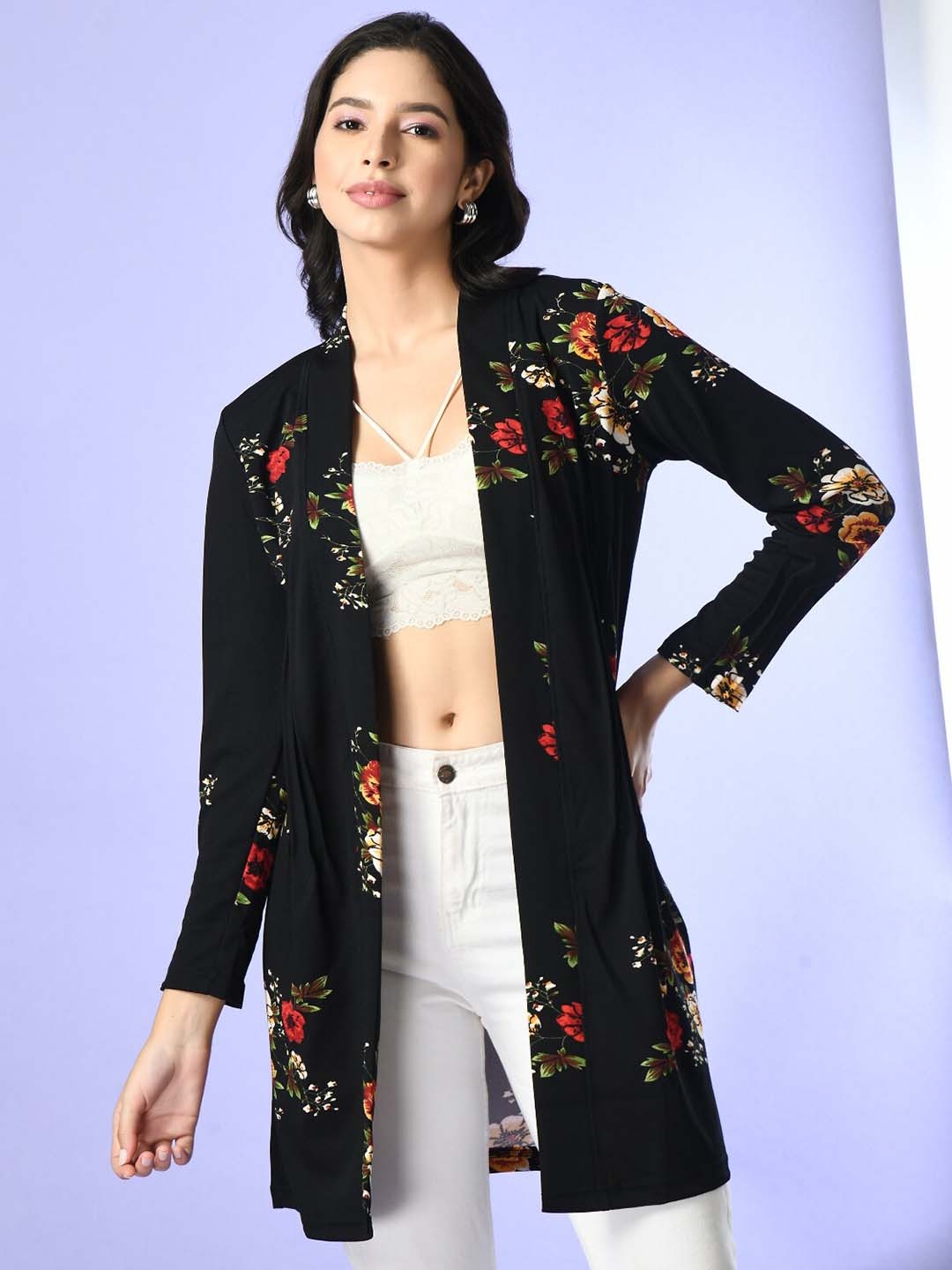 

BAESD Floral Printed Longline Shrug, Black