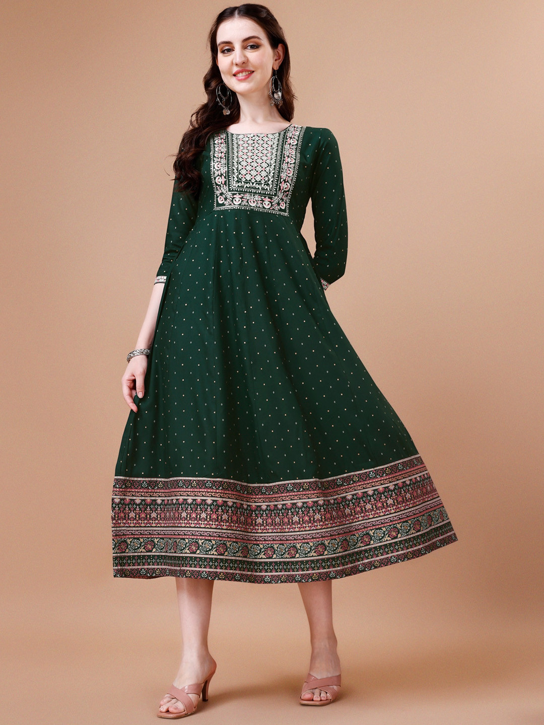 

KALINI Floral Embroidered Mirror Work Midi Ethnic Dress, Green
