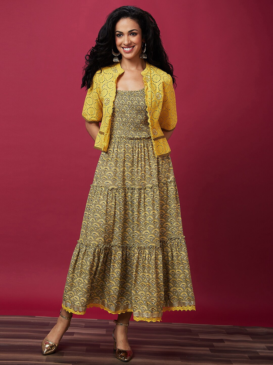 

Globus Ethnic Motifs Printed Smocked Tiered Fit & Flare Ethnic Dress With Shrug, Mustard