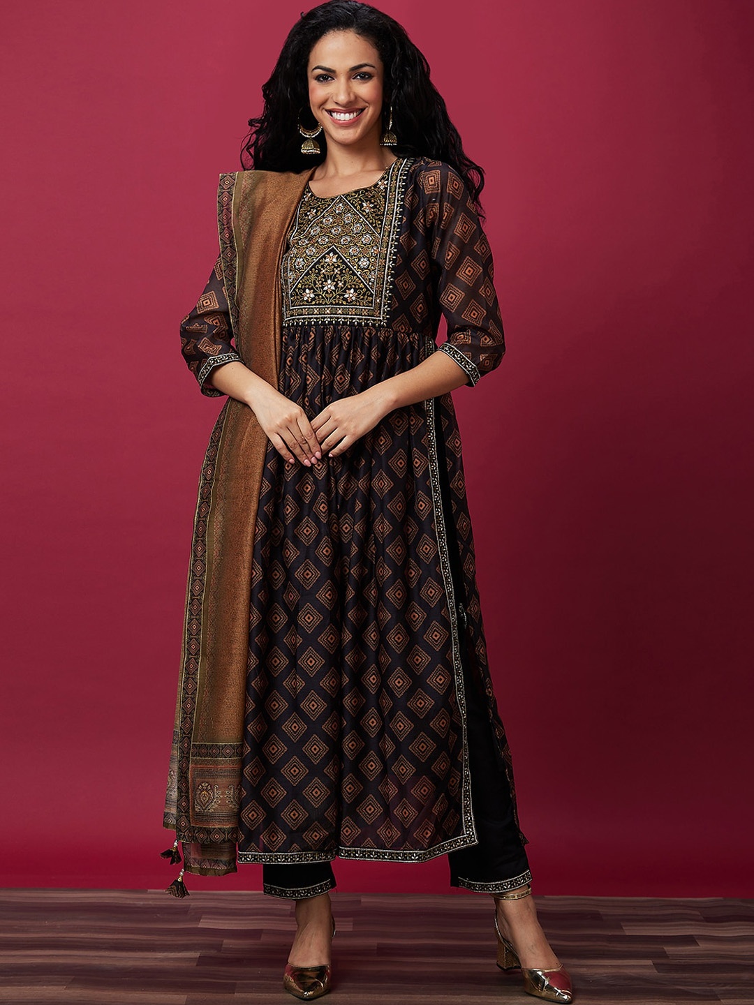 

Globus Black Ethnic Motifs Printed Empire Thread Work Kurta With Trousers & Dupatta