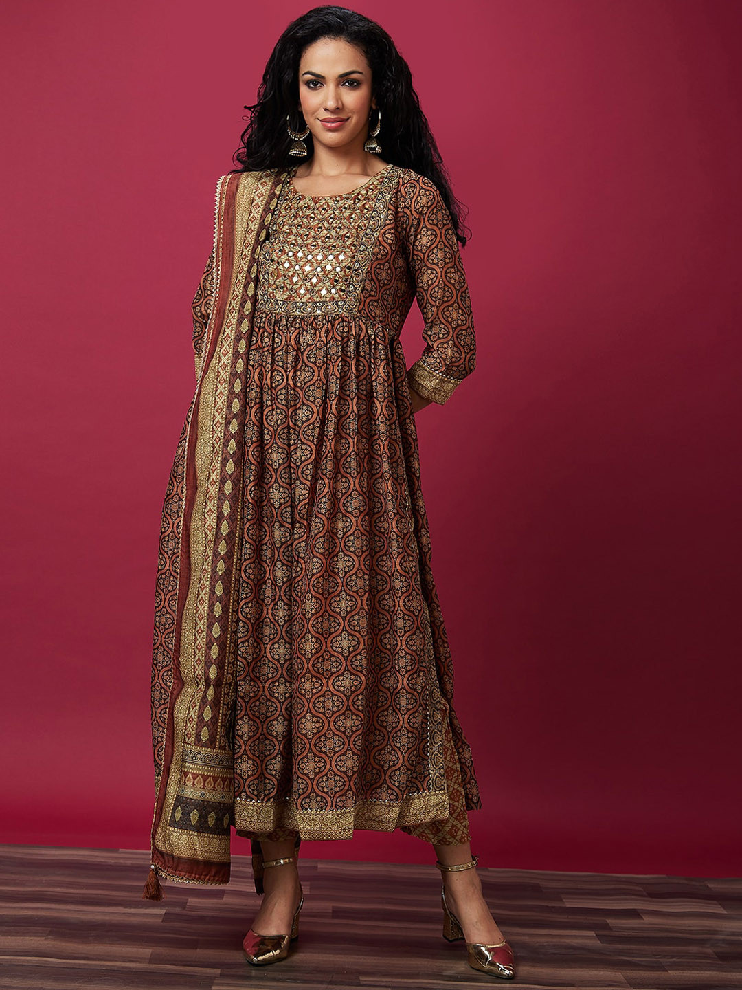 

Globus Brown Ethnic Motifs Printed High Slit Thread Work Kurta With Trousers & Dupatta