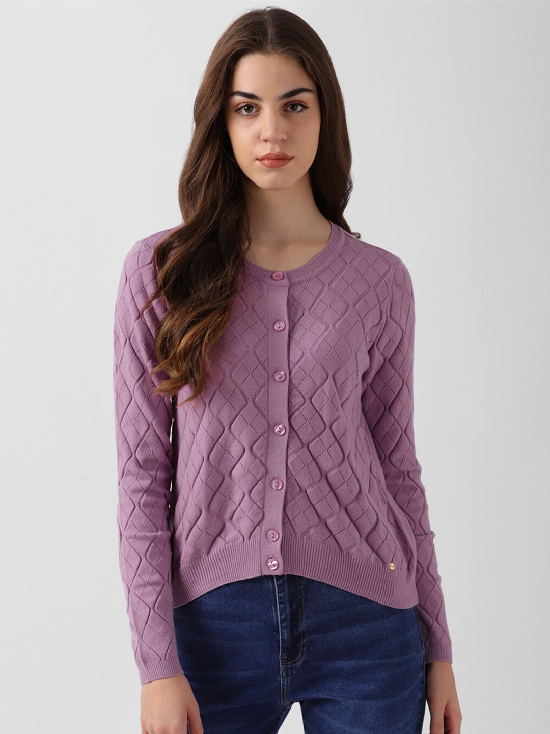 

Van Heusen Woman Self Design Round Neck Cardigan, Purple