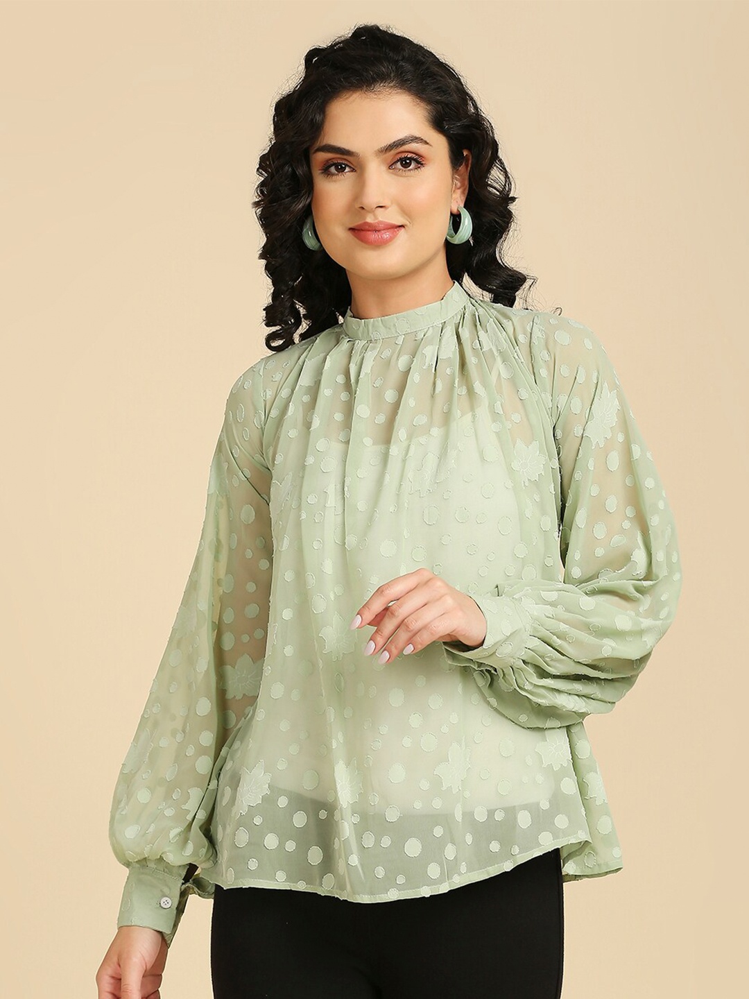 

GUFRINA Self Design High Neck Cuffed Sleeves Sheer Georgette Top, Lime green