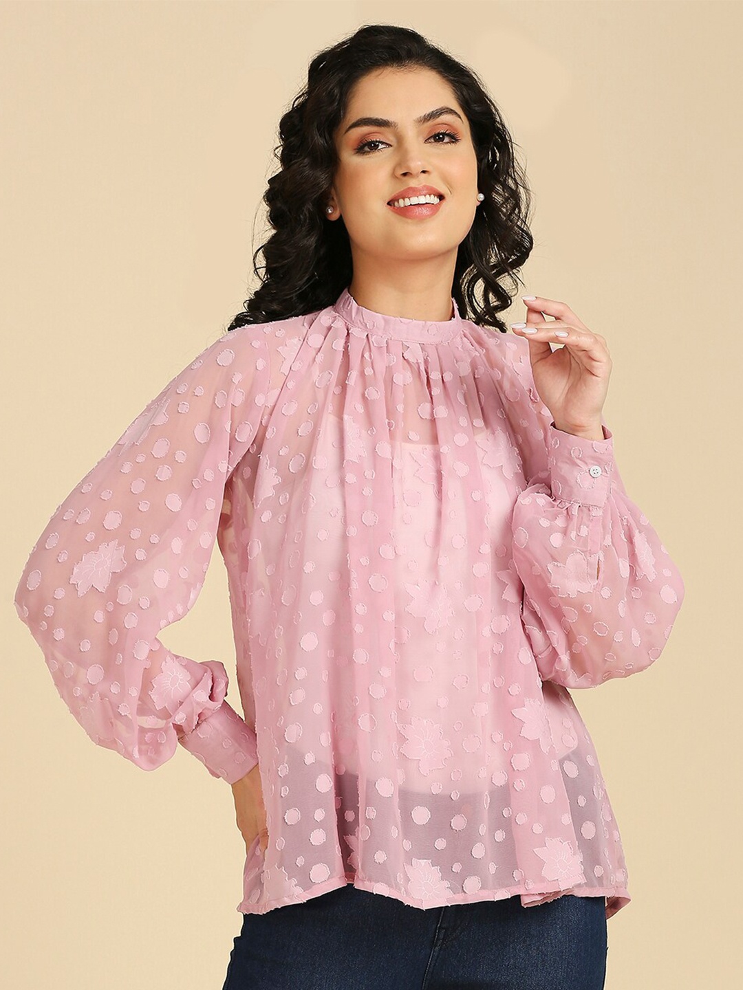 

GUFRINA Floral High Neck Semi Sheer Georgette Top, Pink