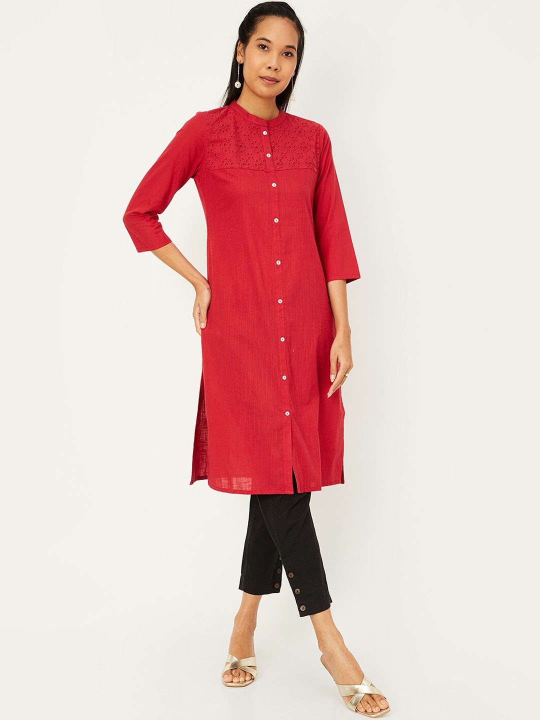 

max Mandarin Collar Straight Cotton Kurta, Red