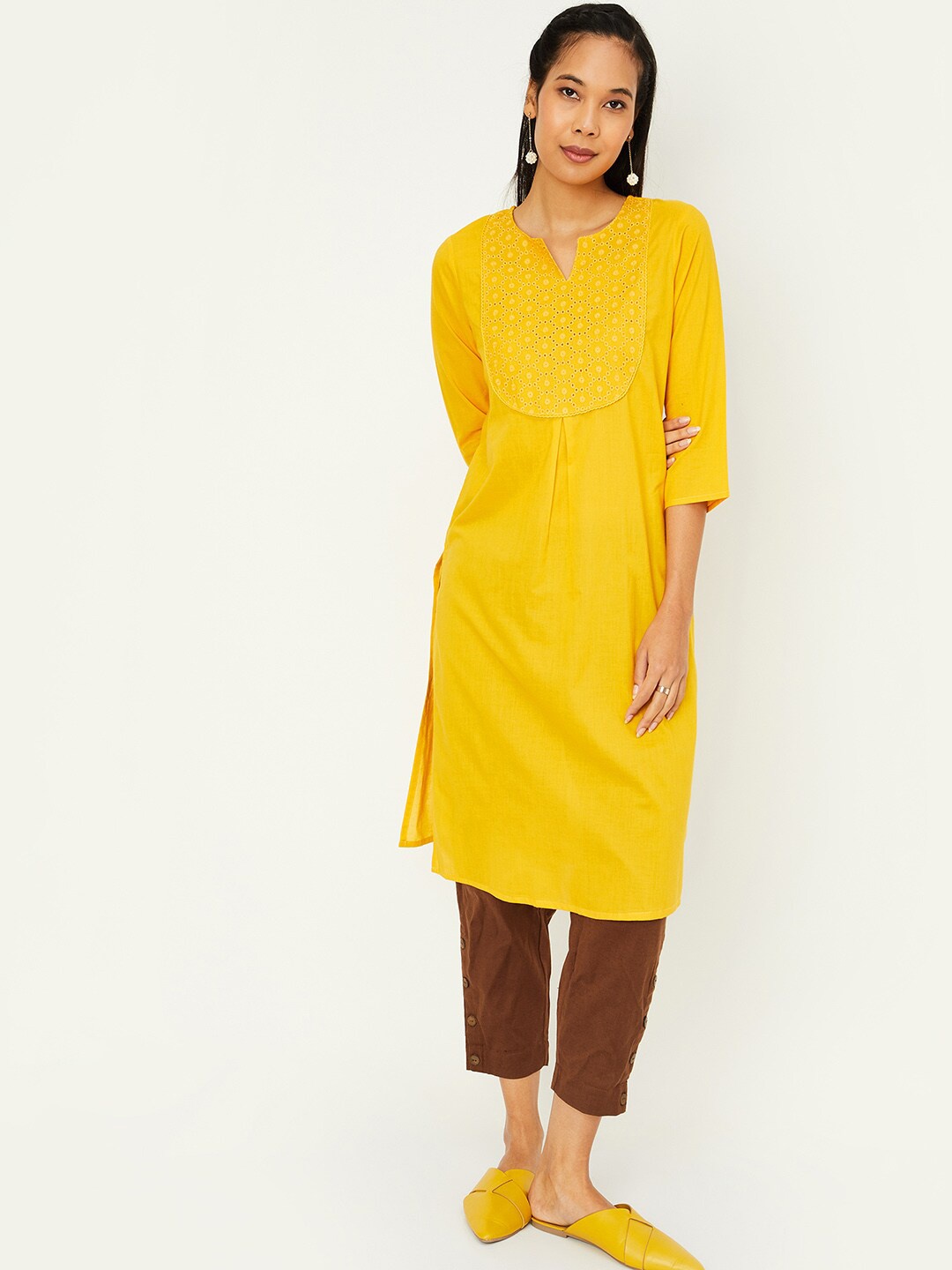 

max Floral Yoke Design Schiffli Detail Cotton Straight Kurta, Yellow