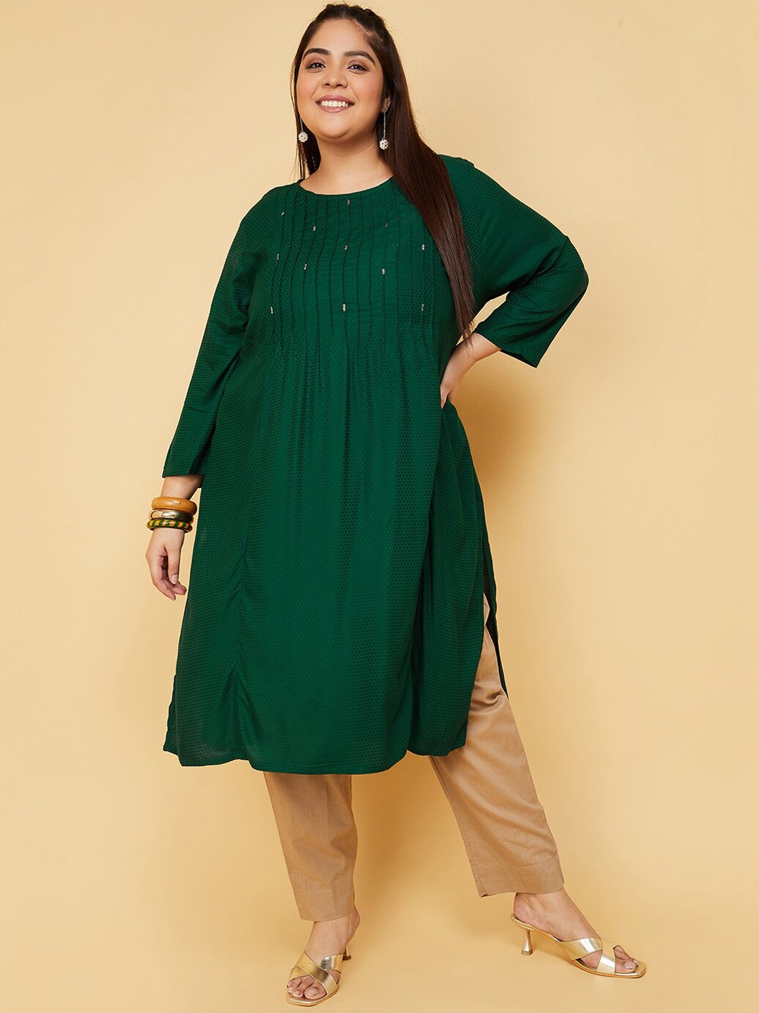 

max Plus Size Striped Sequinned Pleated A-Line Kurta, Green