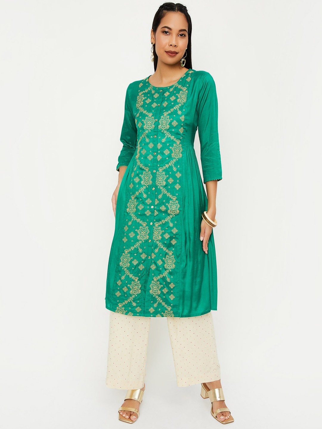 

max Ethnic Motifs Embroidered Regular Kurta, Green
