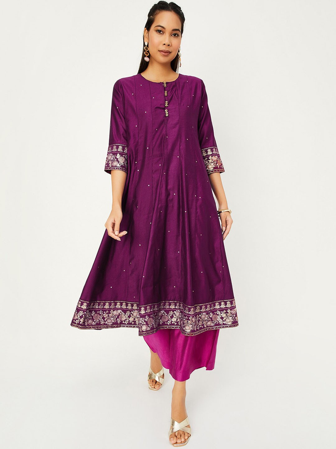 

max Floral Embroidered Sequined Paneled A-Line Kurta, Purple