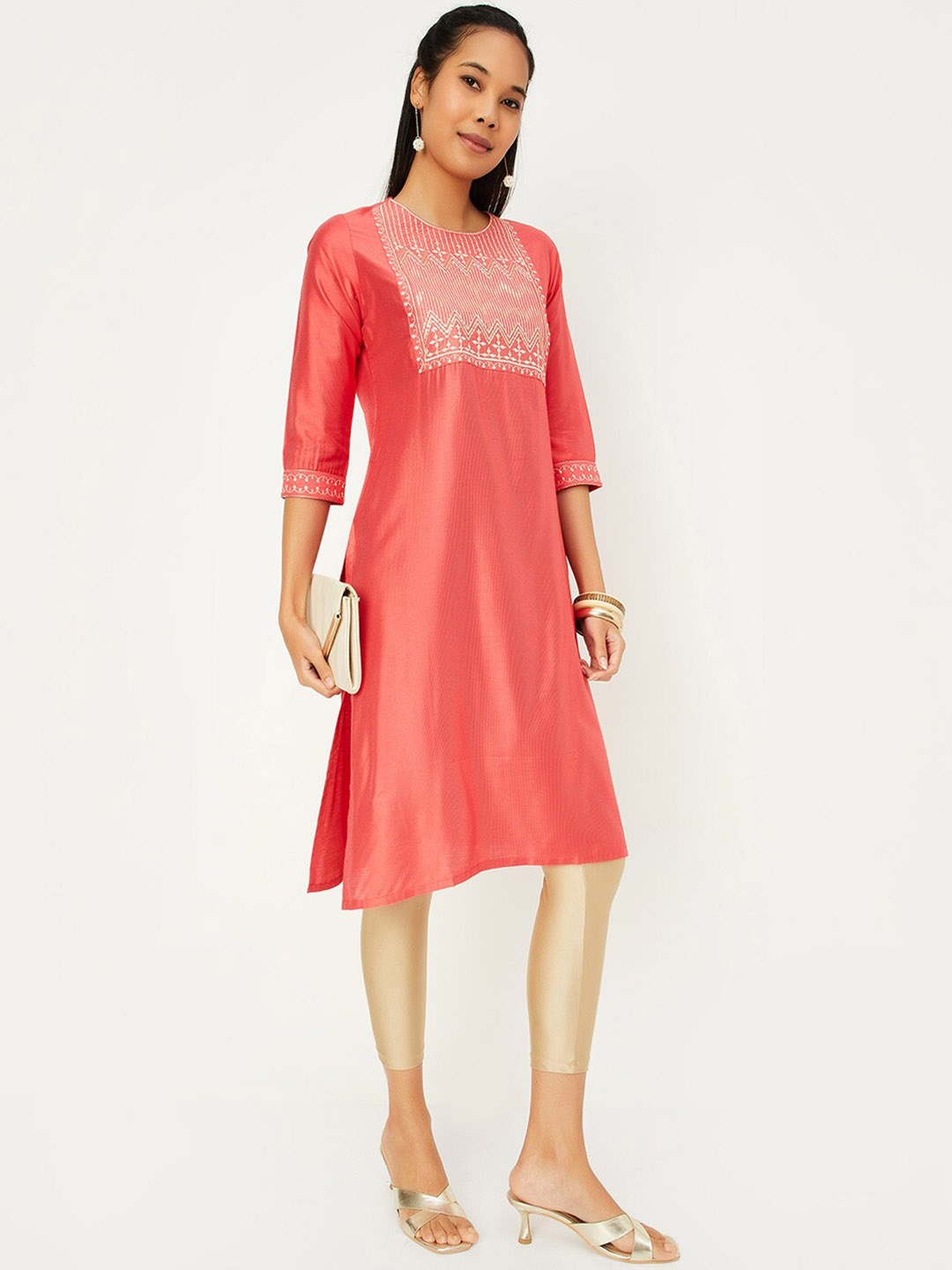 

max Yoke Design Straight Kurta, Coral