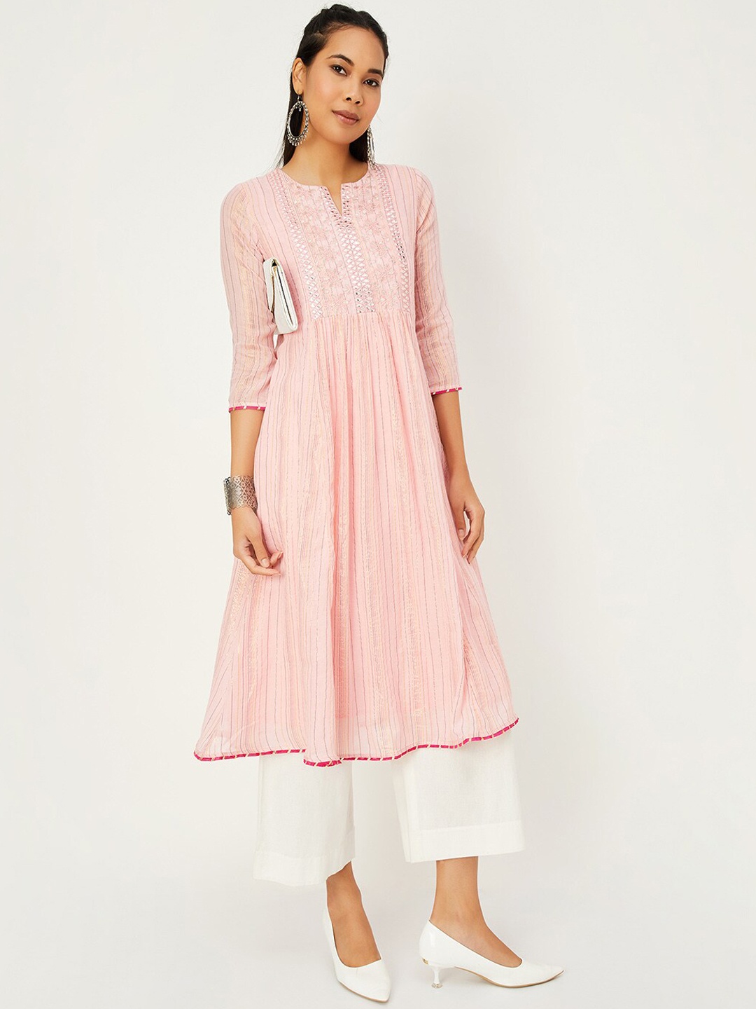 

max Floral Yoke Design Mirror Work Anarkali Kurta, Pink