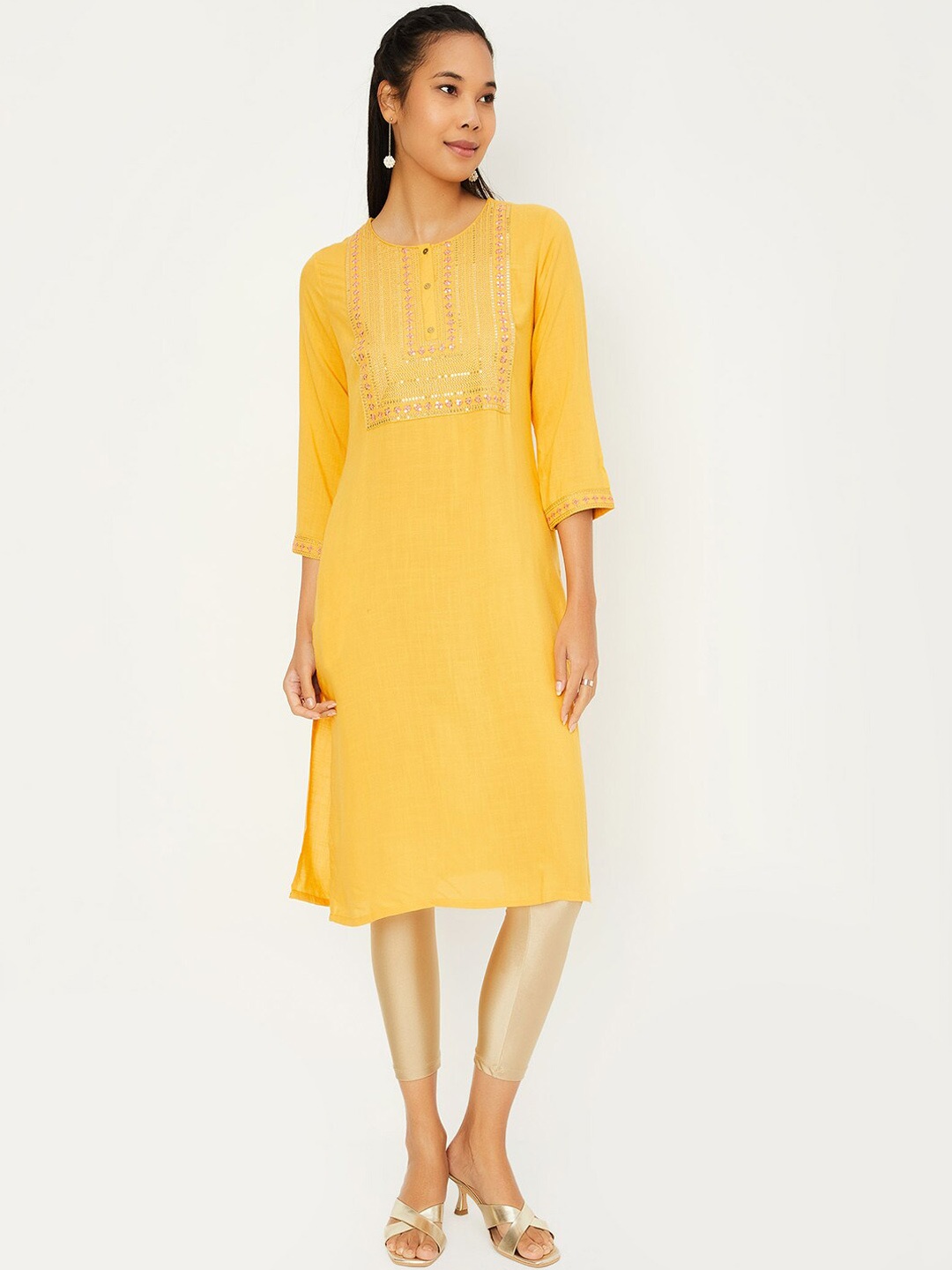 

max Floral Yoke Design Sequinned Straight Kurta, Yellow