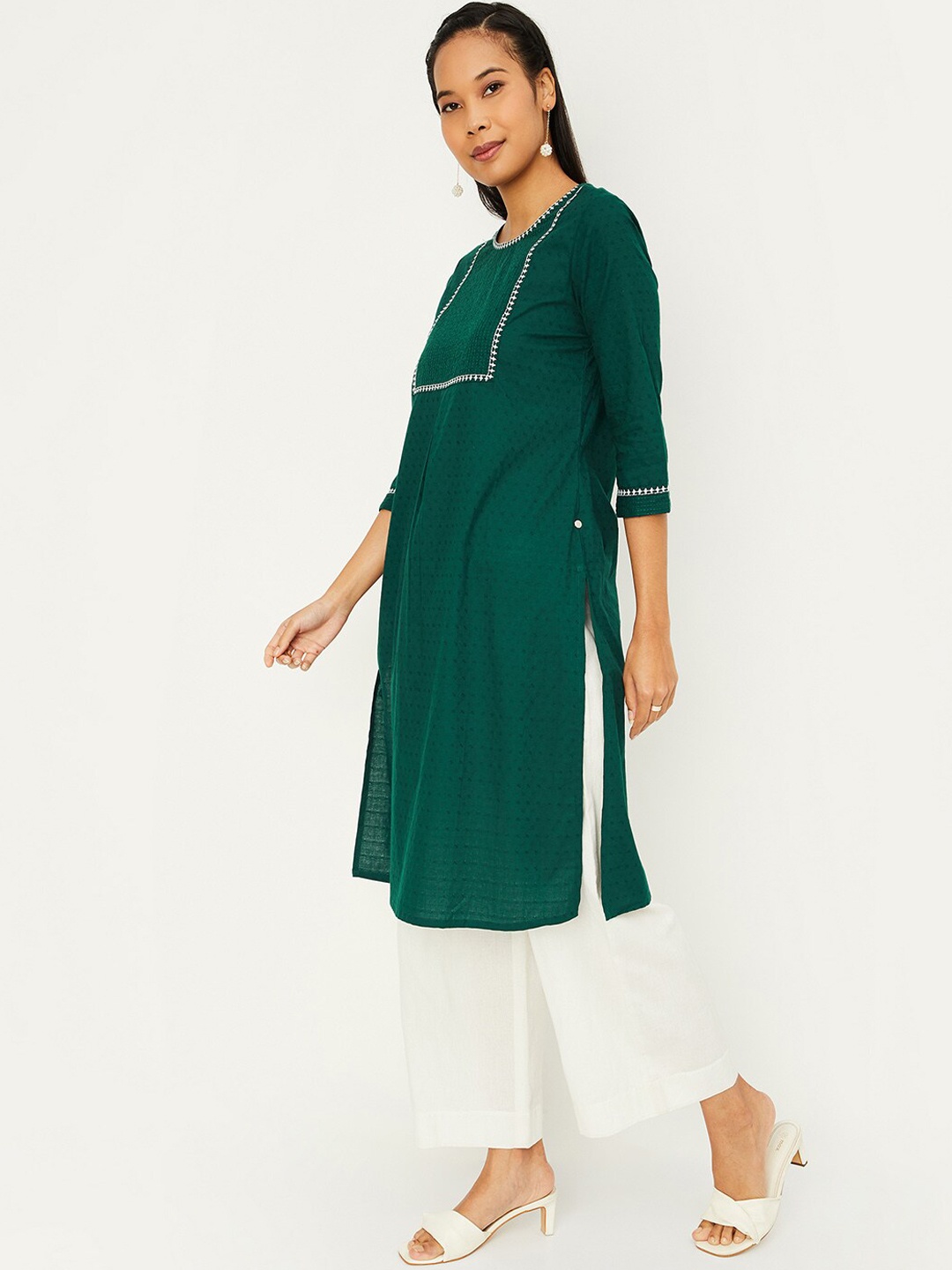 

max Round Neck Thread Work Cotton Kurta, Teal