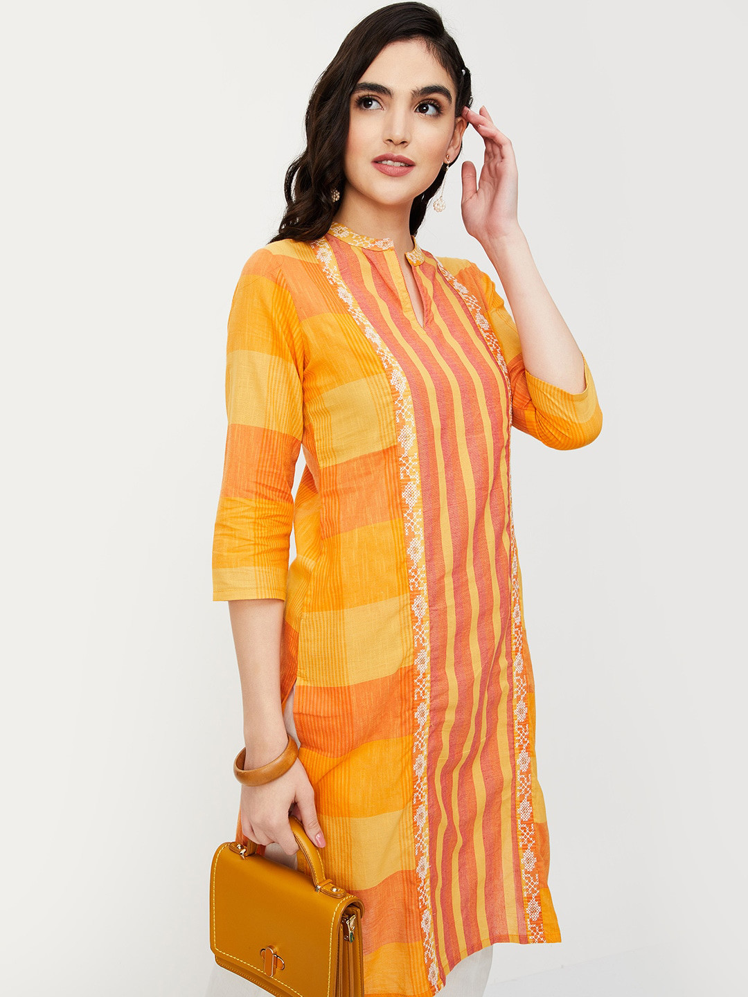 

max Checked Mandarin Collar Thread Work Cotton Kurta, Yellow