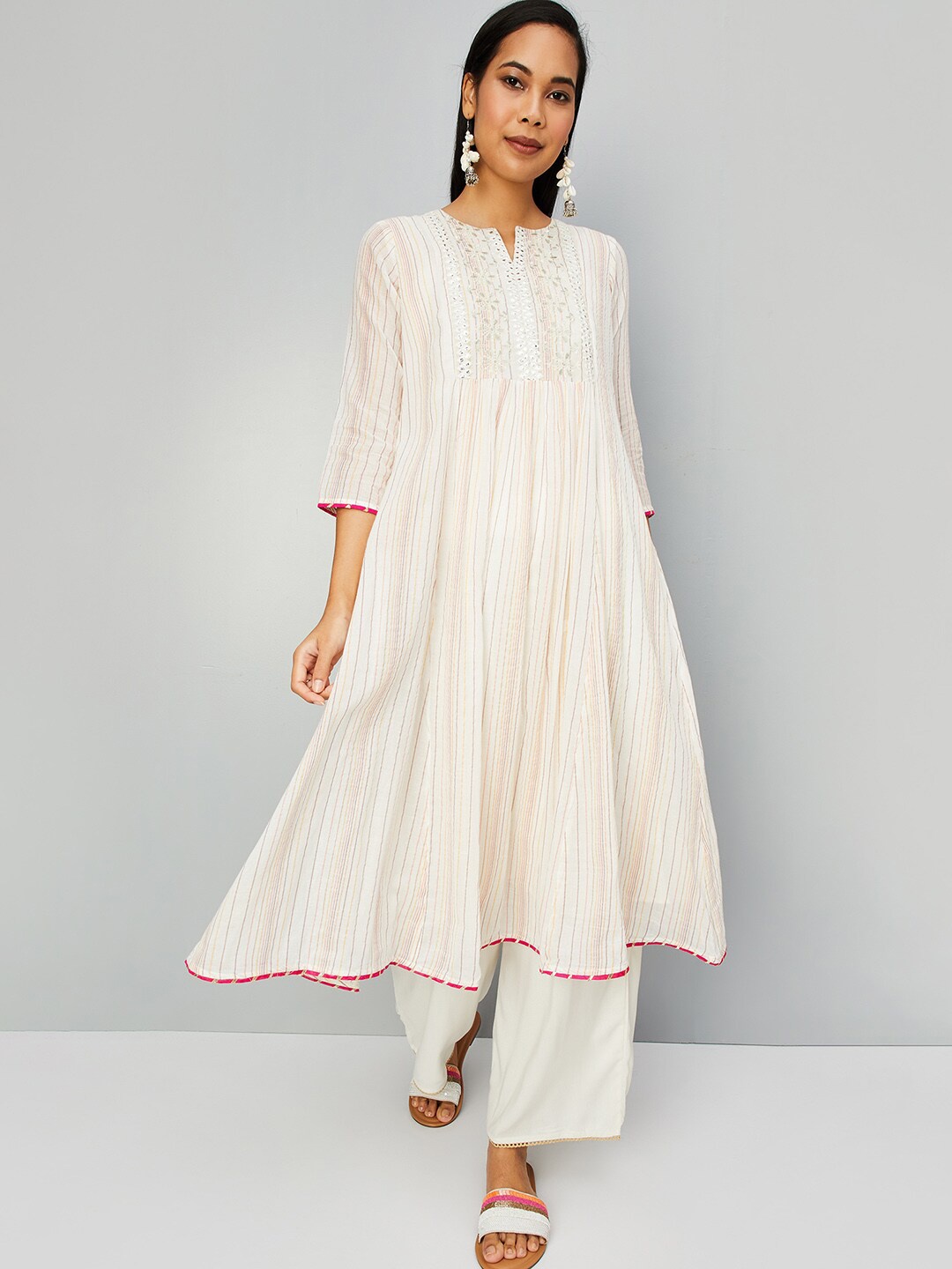 

max Striped Thread Work Cotton Anarkali Kurta, Off white