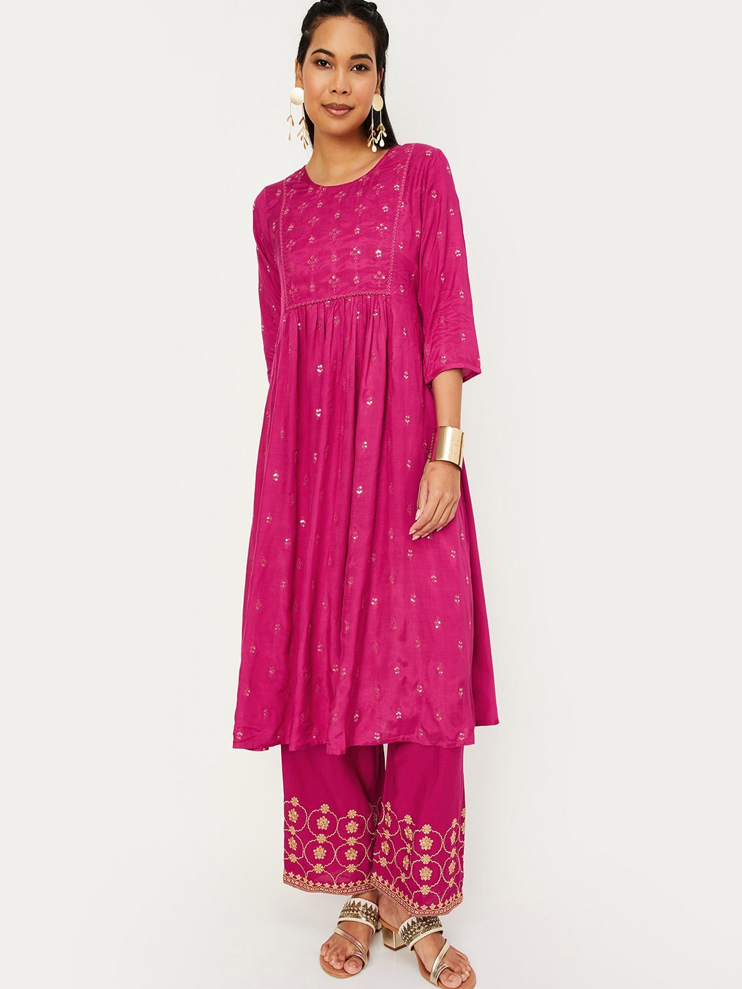 

max Ethnic Motifs Printed High Slit Straight Kurta, Pink