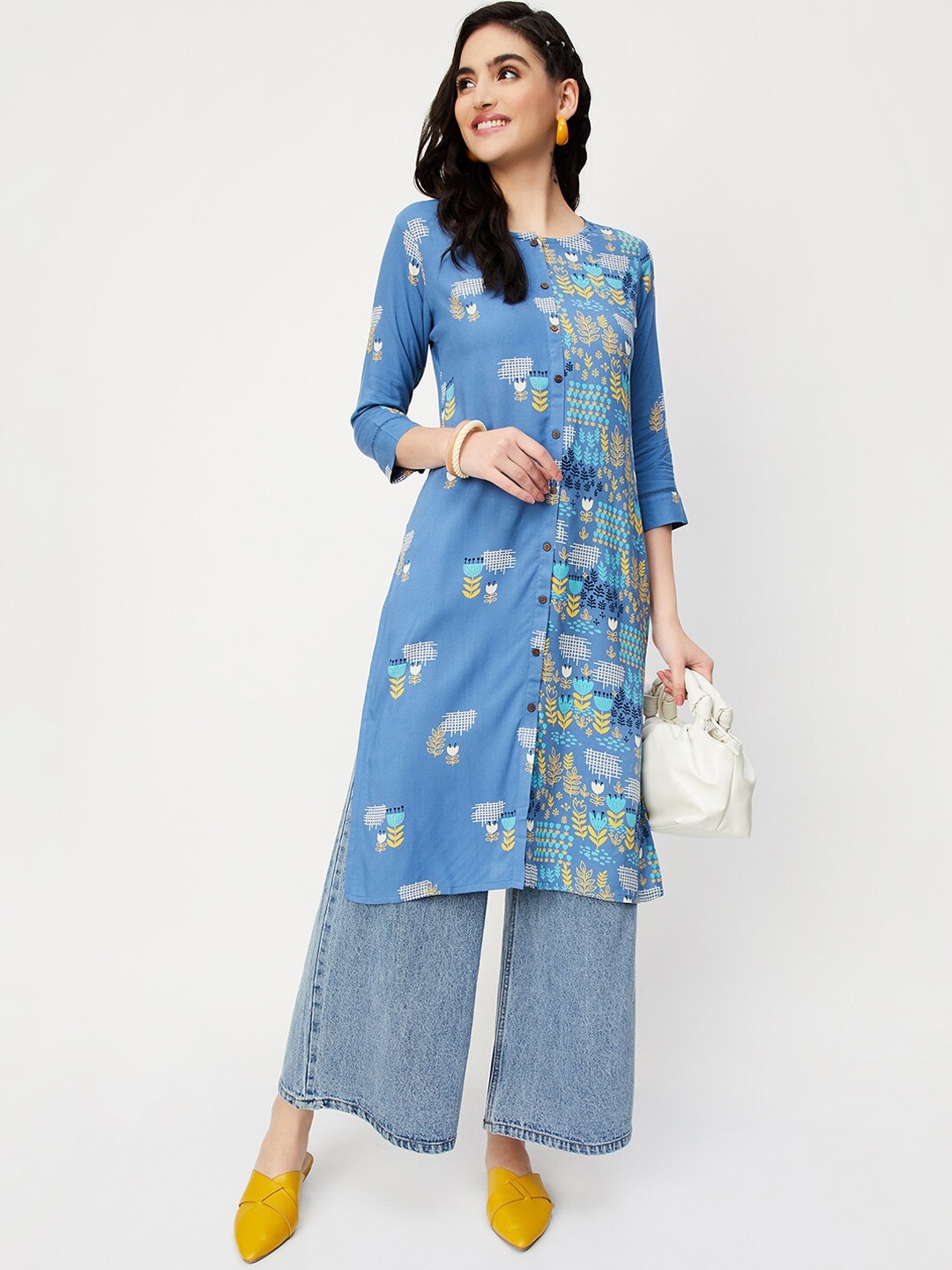 

max Geometric Printed Roll-Up Sleeves Straight Kurta, Blue