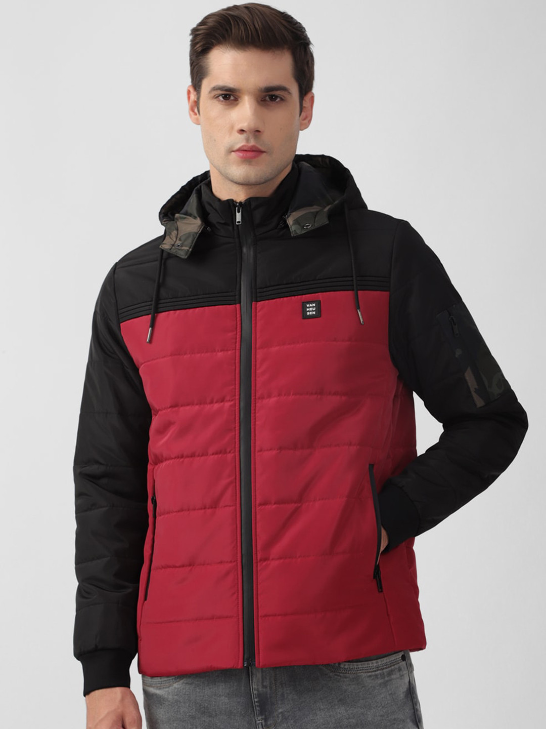 

Van Heusen Flex Colourblocked Hooded Padded Jacket, Red