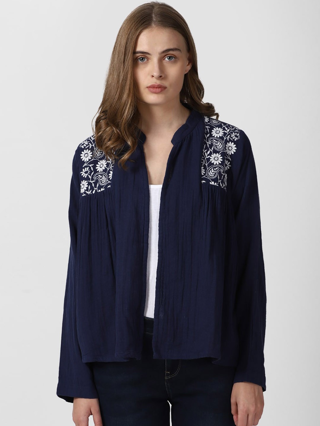 

Van Heusen Woman Floral Embroidered Pure Cotton Open Front Jacket, Navy blue