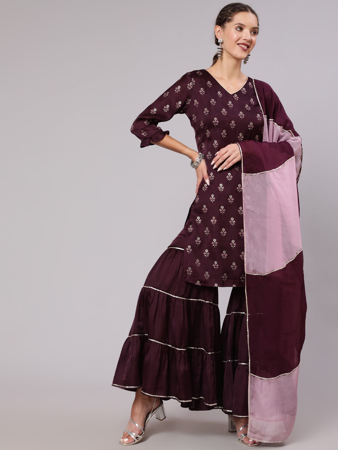 

Jaipur Kurti Ethnic Motifs Embroidered Sequinned Straight Kurta & Sharara With Dupatta, Maroon