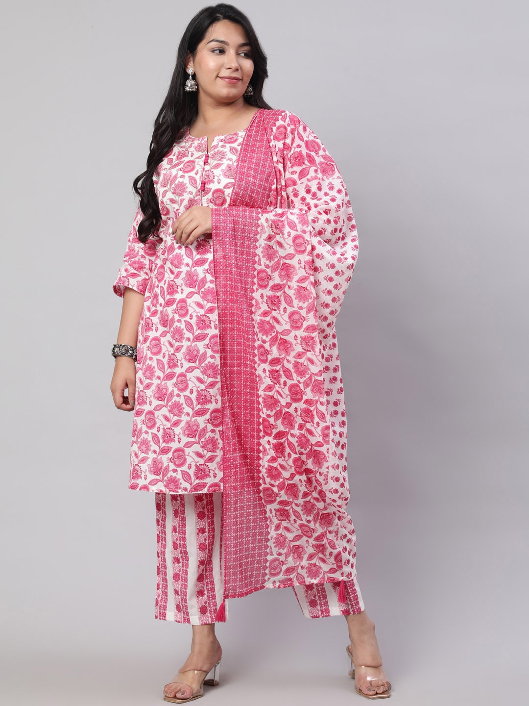 

Jaipur Kurti Plus Size Floral Printed Straight Kurta & Trousers With Dupatta, Fuchsia
