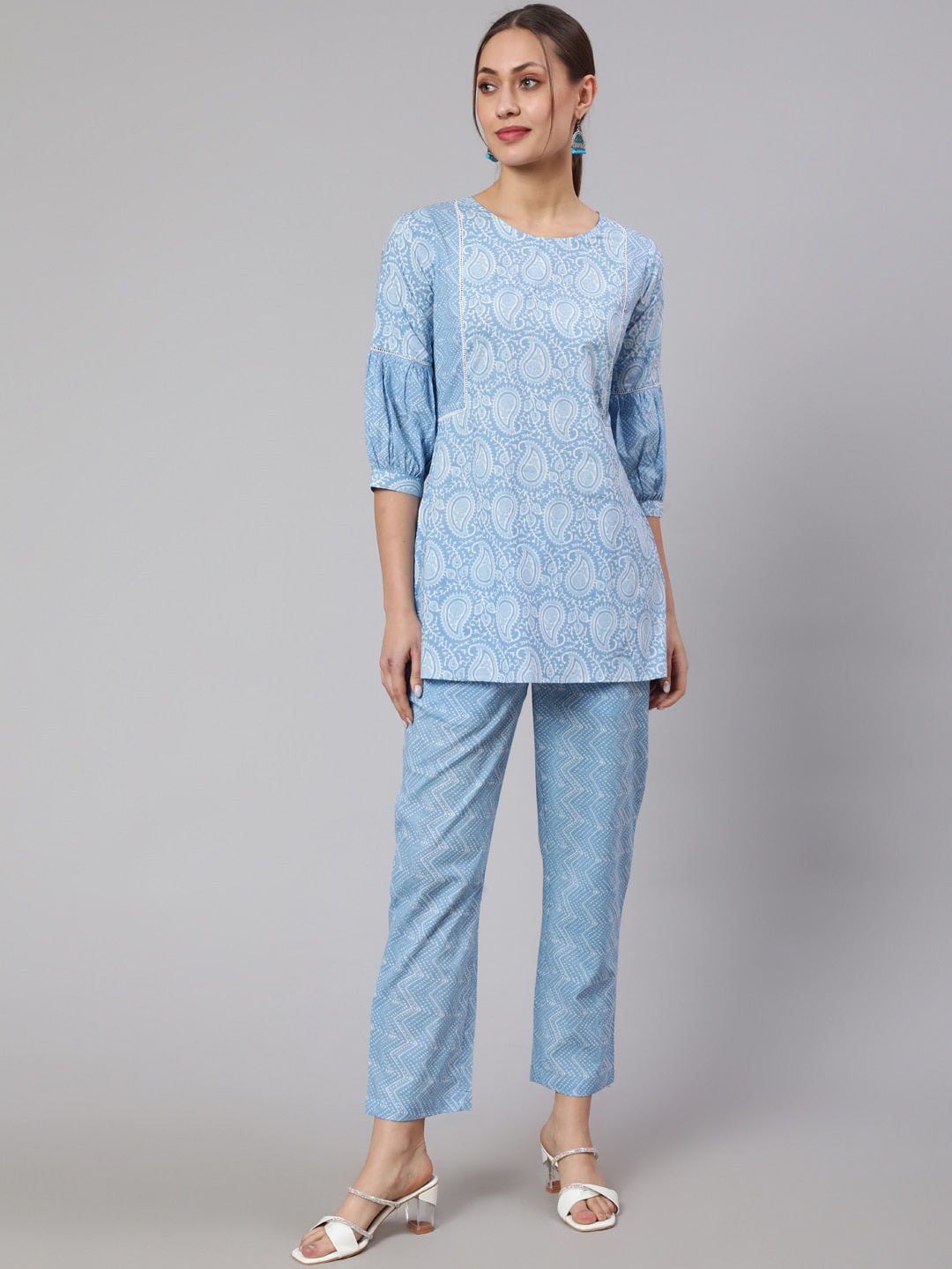 

Jaipur Kurti Paisley Printed Puffed Sleeves Pure Cotton Kurti With Trousers, Blue
