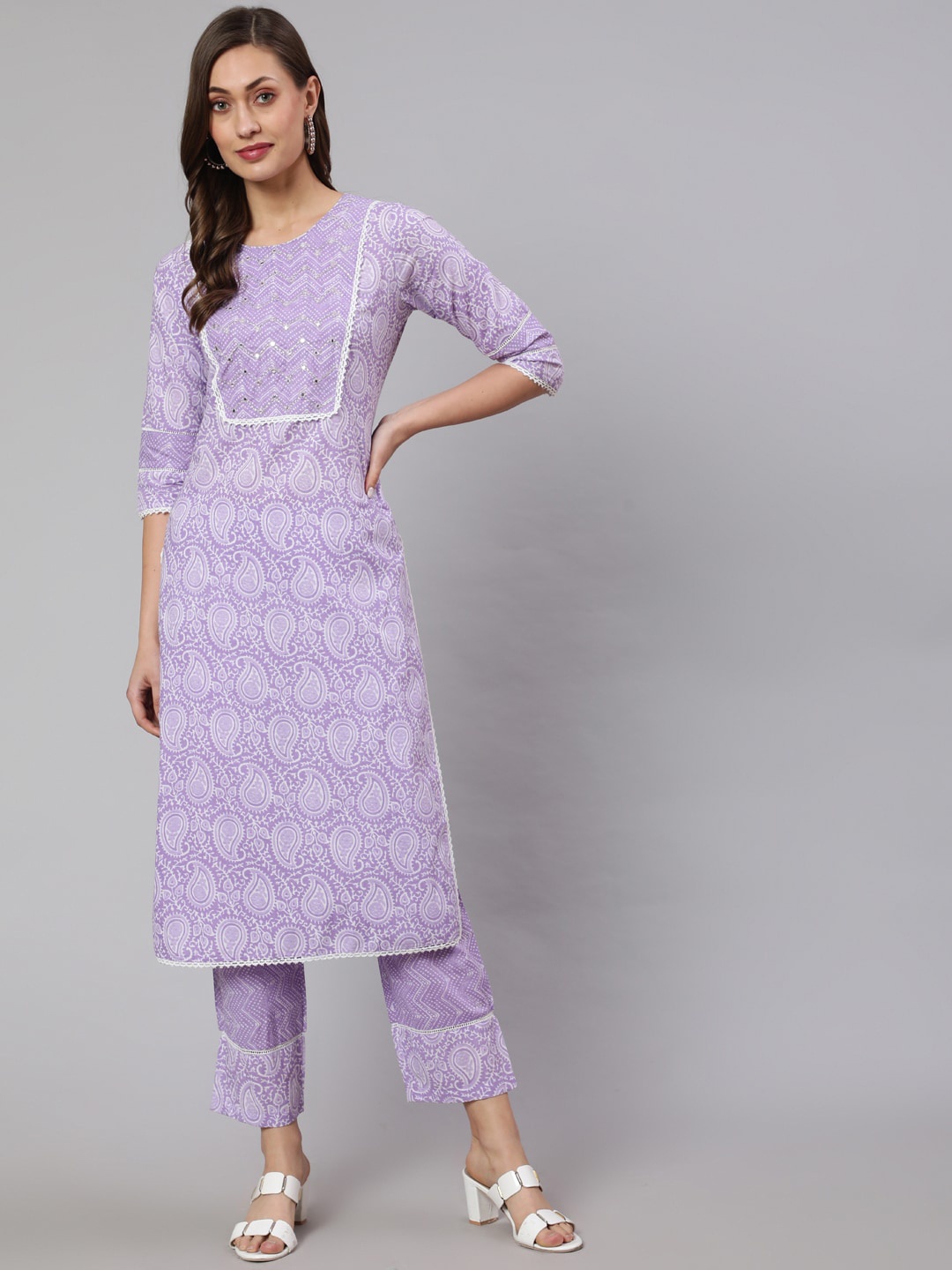 

Jaipur Kurti Lavender Paisley Printed Mirror Work Pure Cotton Kurta With Trousers
