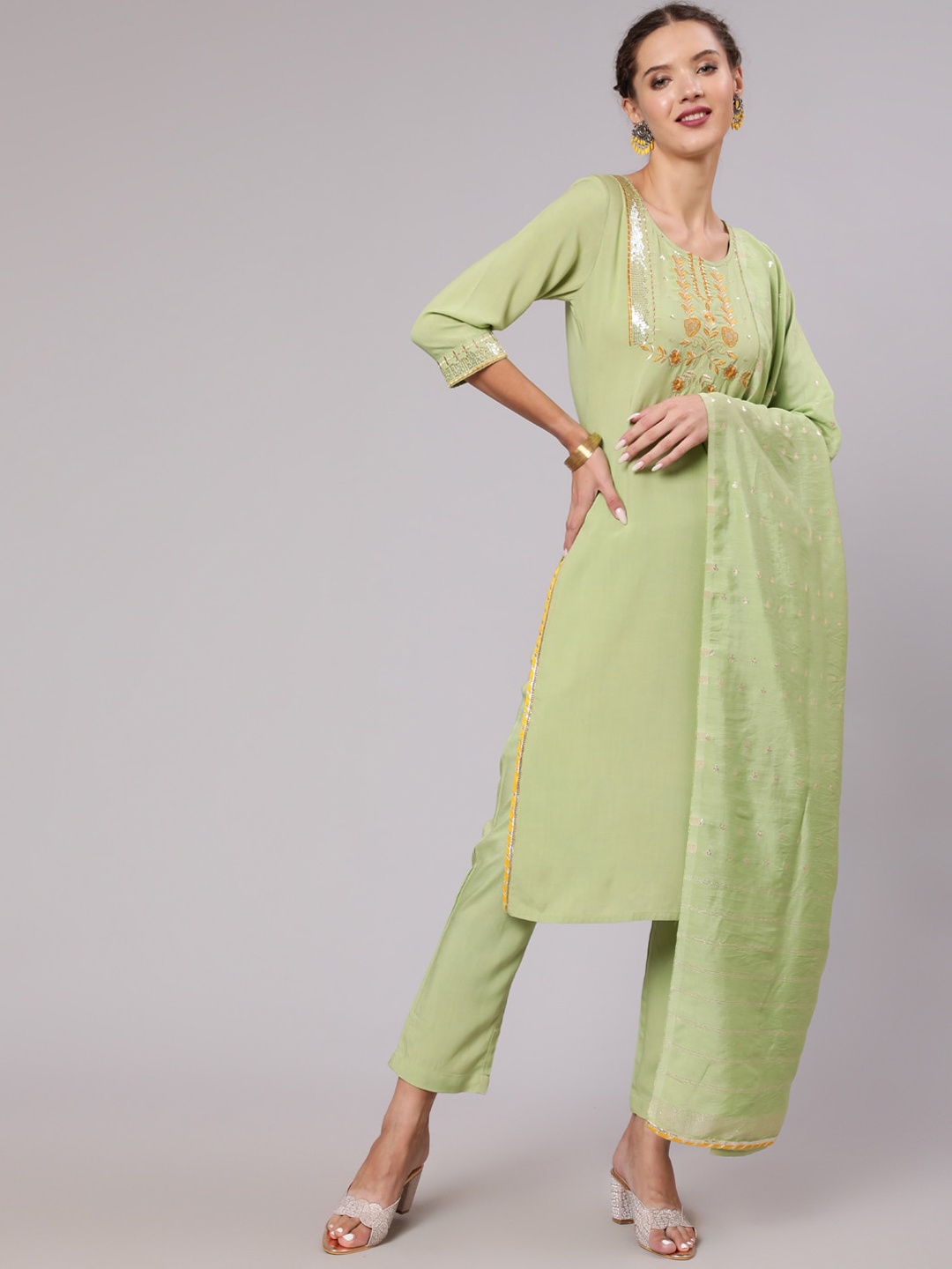 

Jaipur Kurti Ethnic Motifs Yoke Design Thread Work Straight Kurta & Trousers With Dupatta, Green