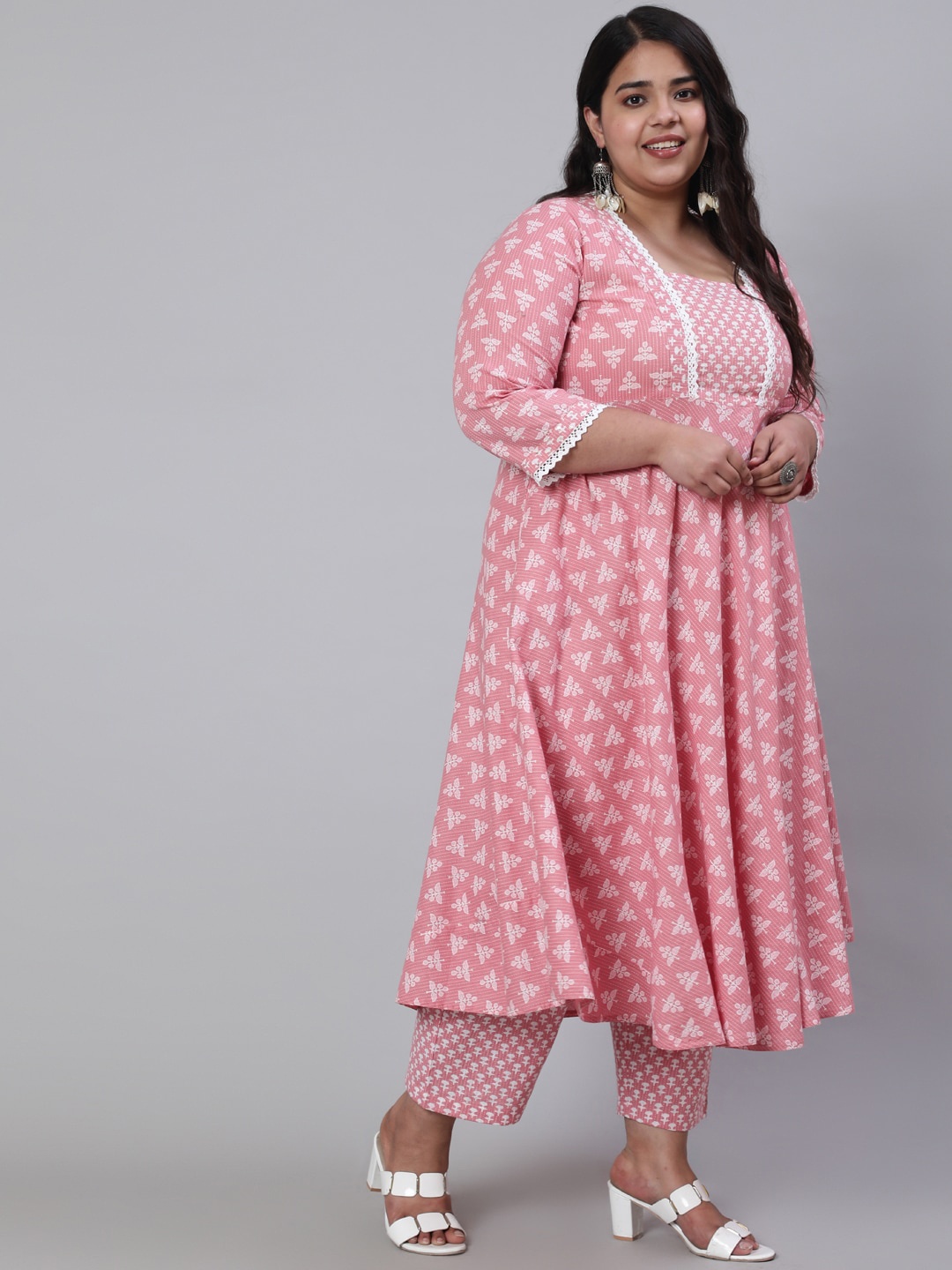 

Jaipur Kurti Plus Size Ethnic Motifs Printed Pure Cotton Anarkali Kurta With Trousers, Pink