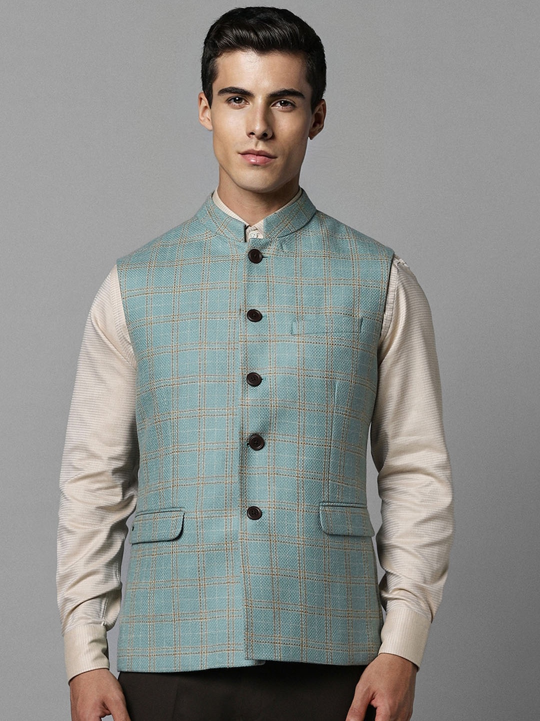 

Louis Philippe Checked Mandarin Collar Pure Woollen Nehru Jacket, Green