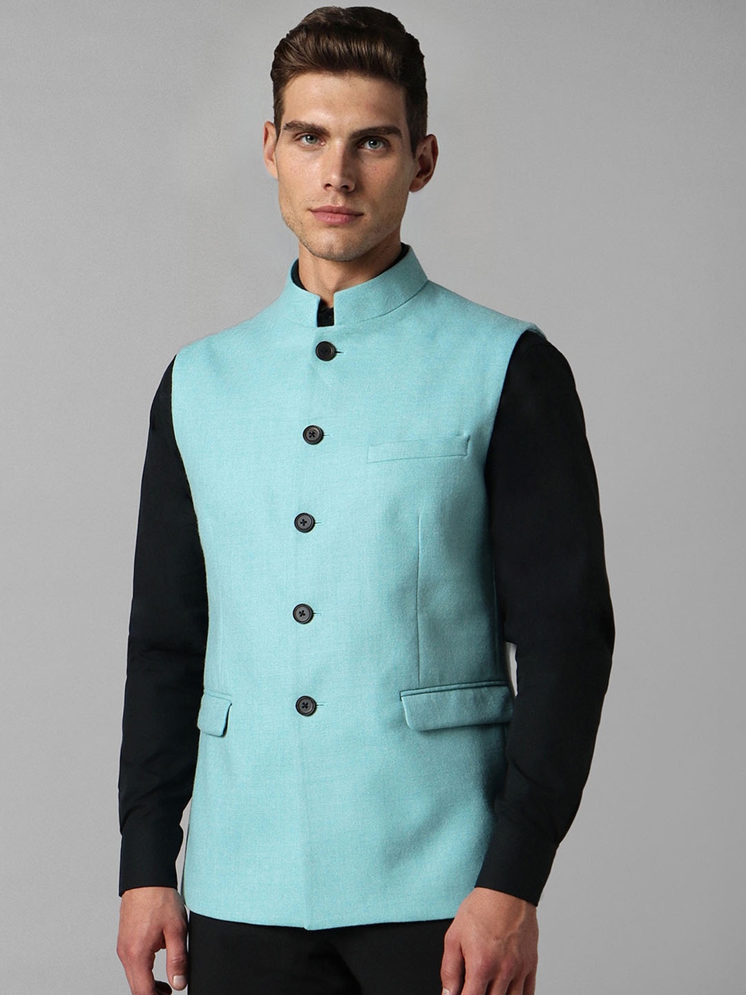

Louis Philippe Woven Design Mandarin Collar Pure Woollen Nehru Jacket, Blue