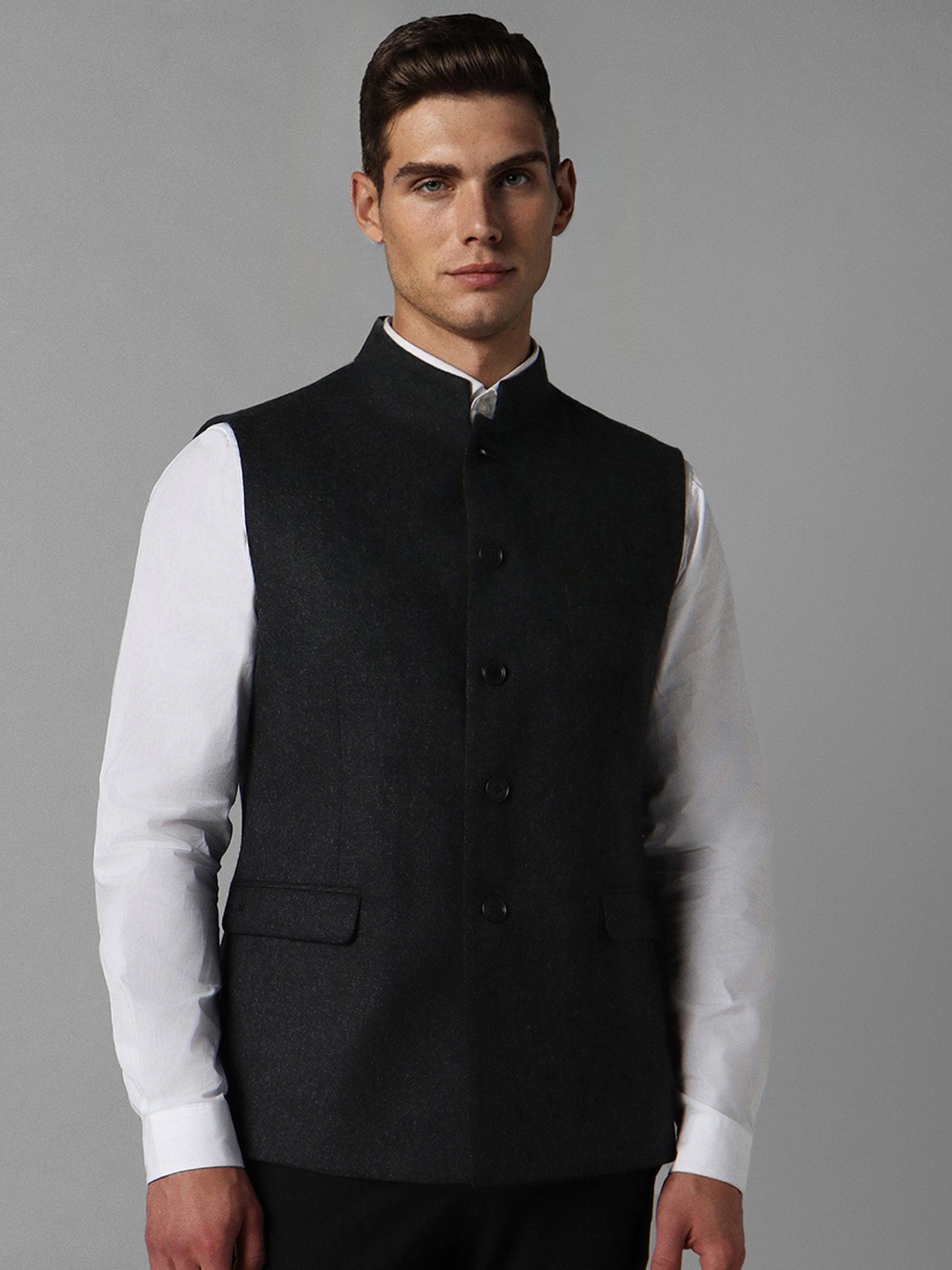 

Louis Philippe Woven Design Mandarin Collar Pure Woollen Nehru Jacket, Black