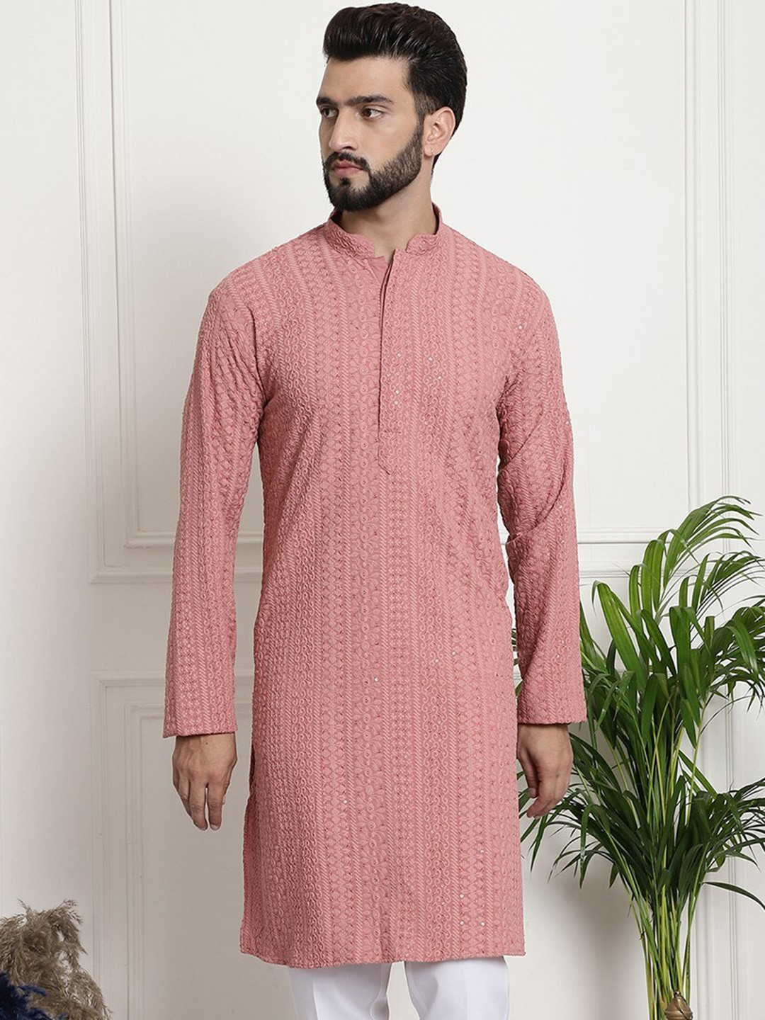 

Armaan Ethnic Motifs Embroidered Sequinned Straight Pure Cotton Kurta, Peach