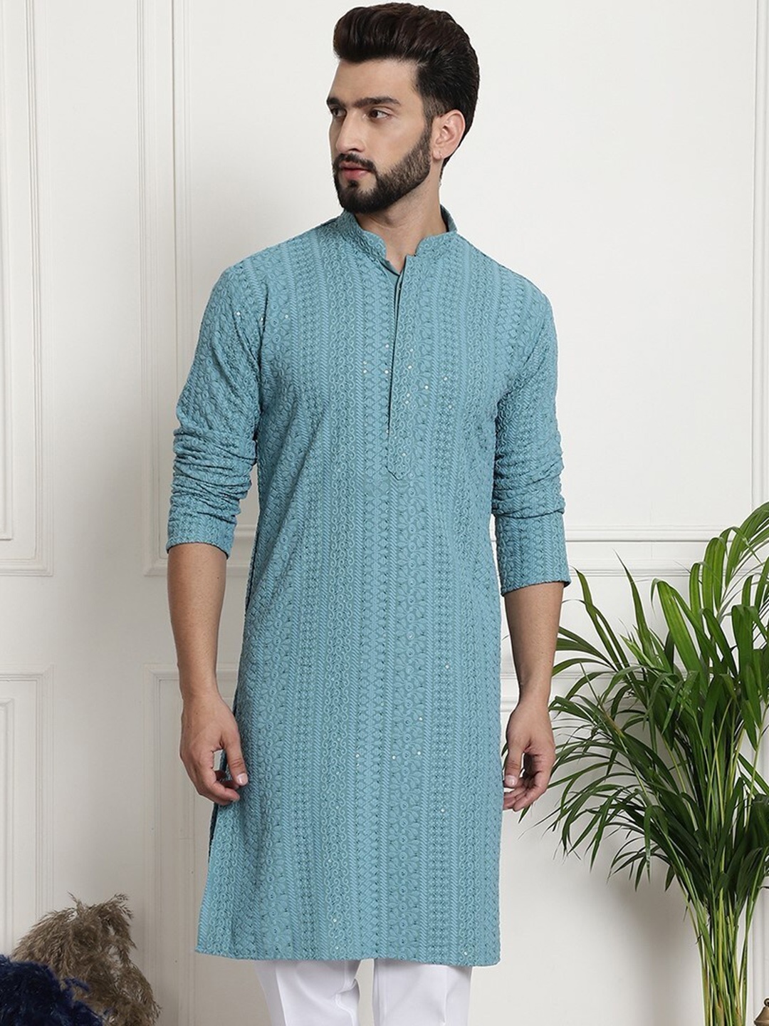 Armaan Ethnic Floral Embroidered Sequinned Cotton Straight Kurta, Blue
