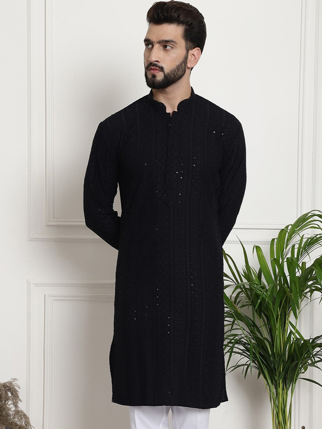 

Armaan Ethnic Floral Embroidered Sequinned Cotton Straight Kurta, Black