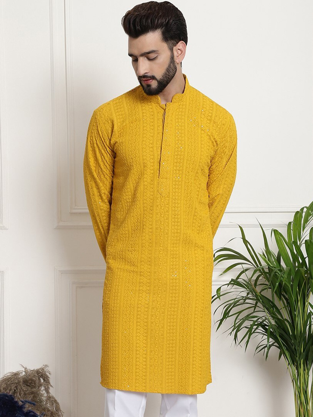

Armaan Ethnic Motifs Embroidered Sequinned Straight Pure Cotton Kurta, Yellow