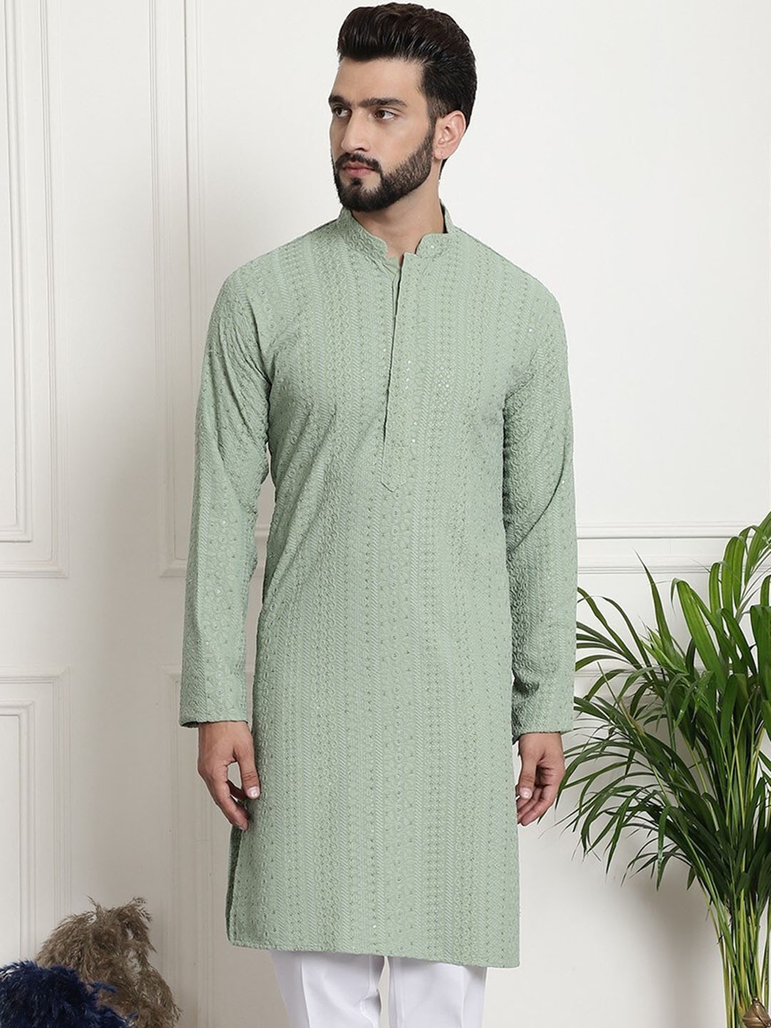 

Armaan Ethnic Floral Embroidered Sequinned Cotton Straight Kurta, Green